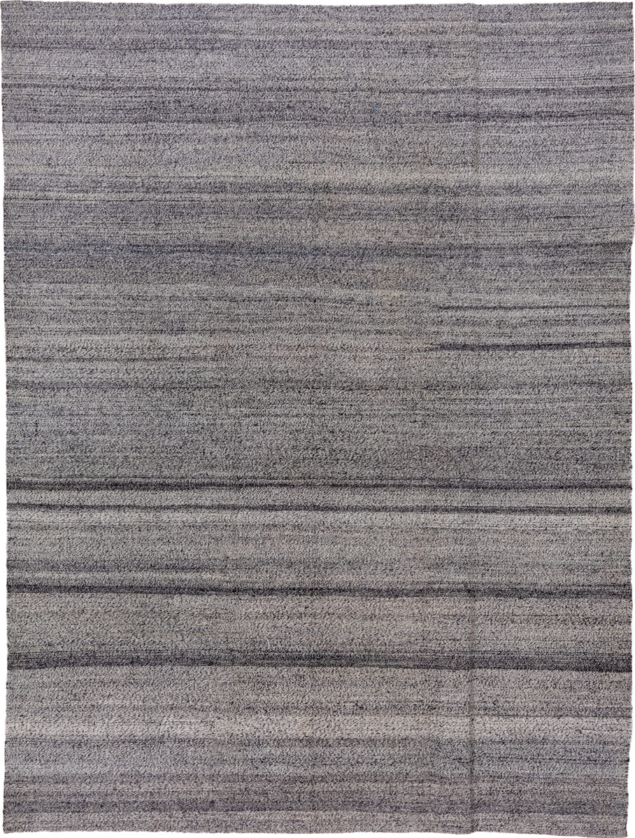 9' x 12' one-of-a-kind handmade vintage Kilim large size rug. Color palette: gray, charcoal, ivory, taupe, black, beige