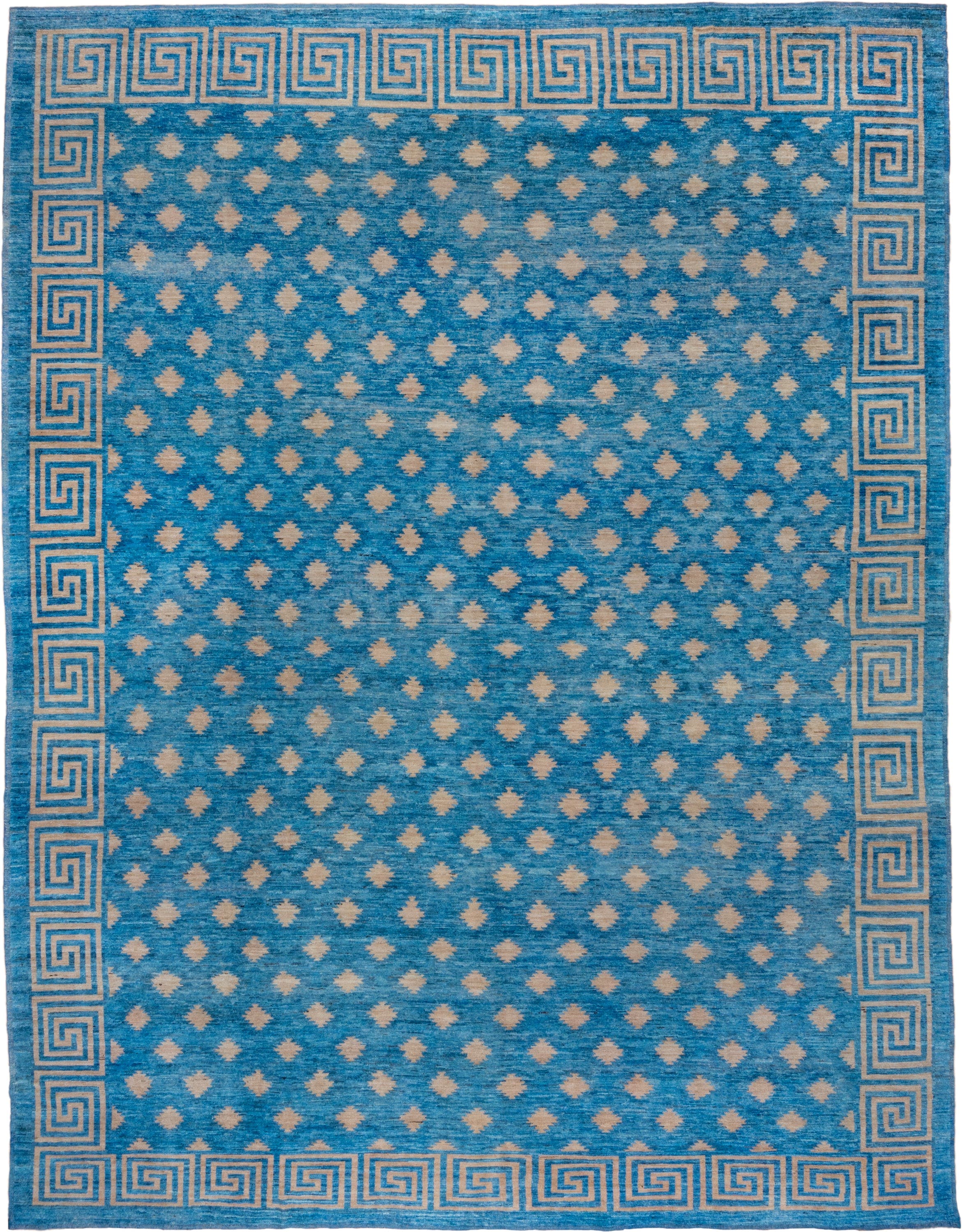 12' x 16' one-of-a-kind handmade handmade Modern oversize rug. Color palette: turquoise, ivory, sky blue, teal, light blue