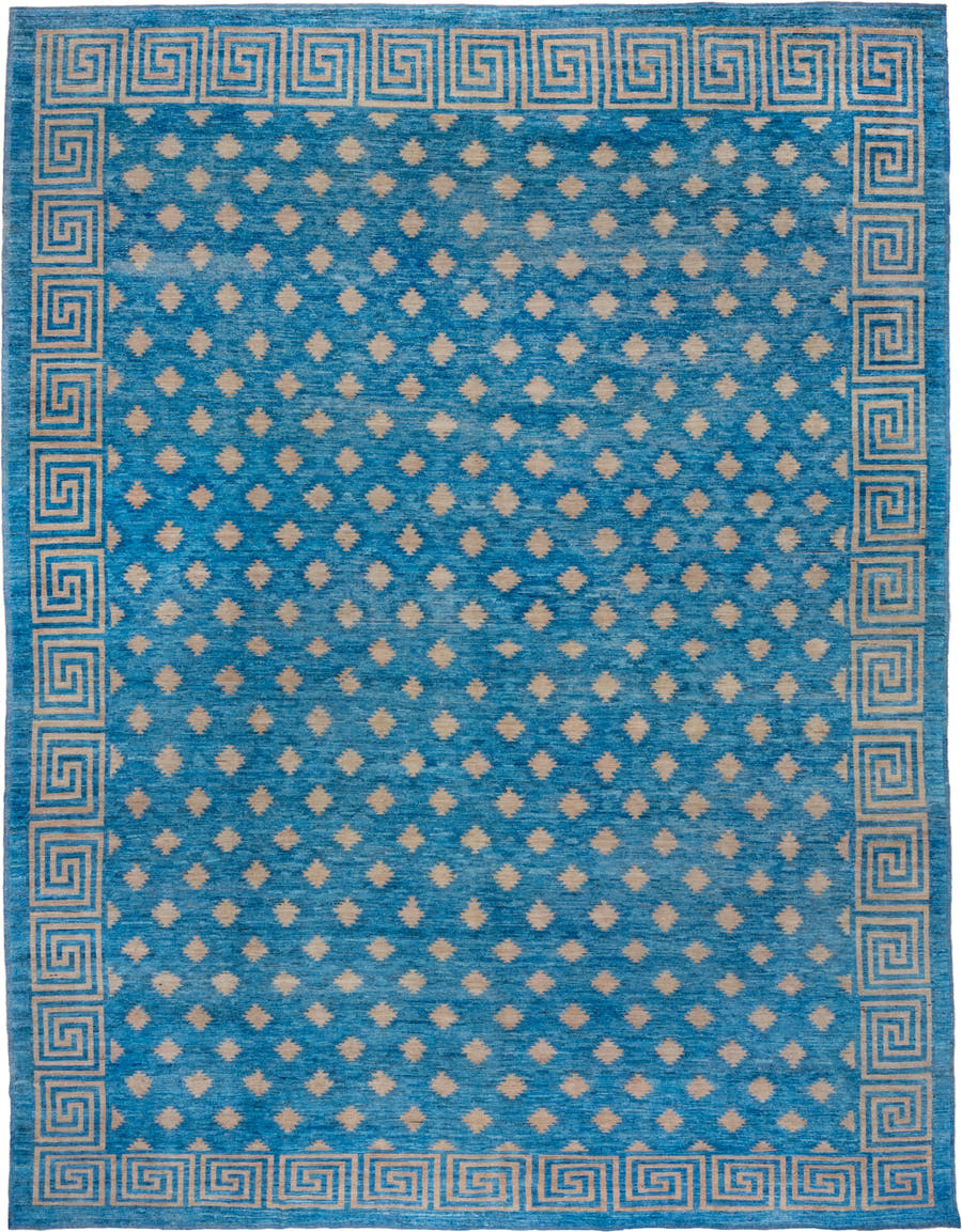 12' x 16' one-of-a-kind handmade handmade Modern oversize rug. Color palette: turquoise, ivory, sky blue, teal, light blue