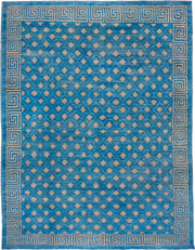 12' x 16' one-of-a-kind handmade handmade Modern oversize rug. Color palette: turquoise, ivory, sky blue, teal, light blue