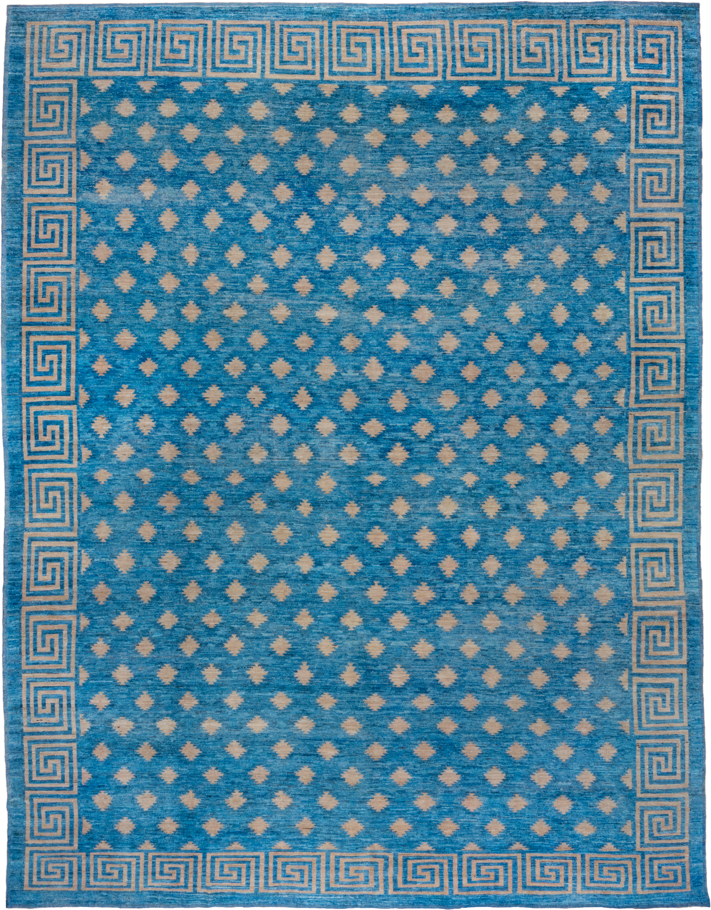 12' x 16' one-of-a-kind handmade handmade Modern oversize rug. Color palette: turquoise, ivory, sky blue, teal, light blue