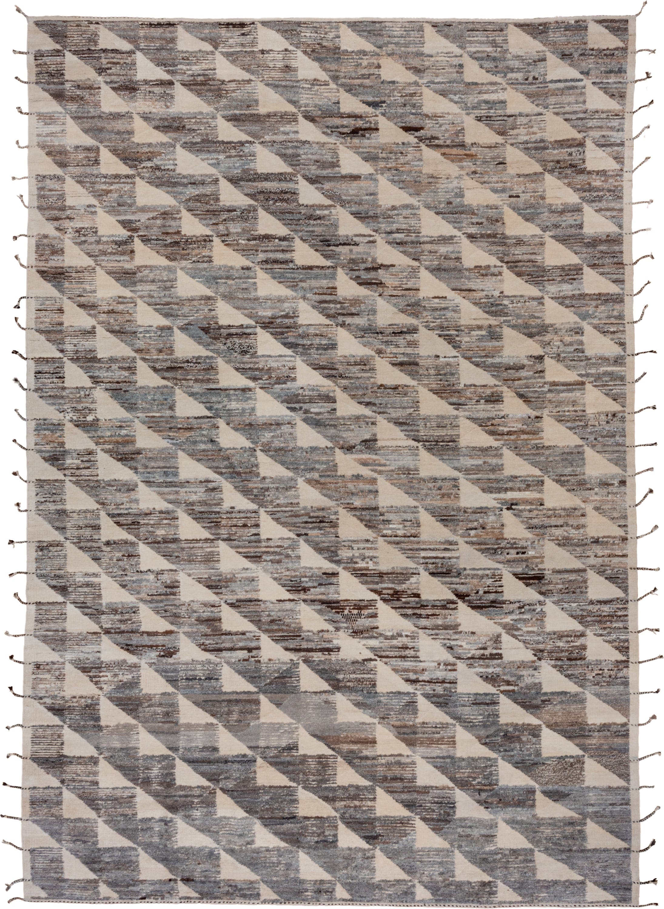 9' x 14' one-of-a-kind handmade vintage Tulu large size rug. Color palette: ivory, slate, taupe, brown, gray, beige