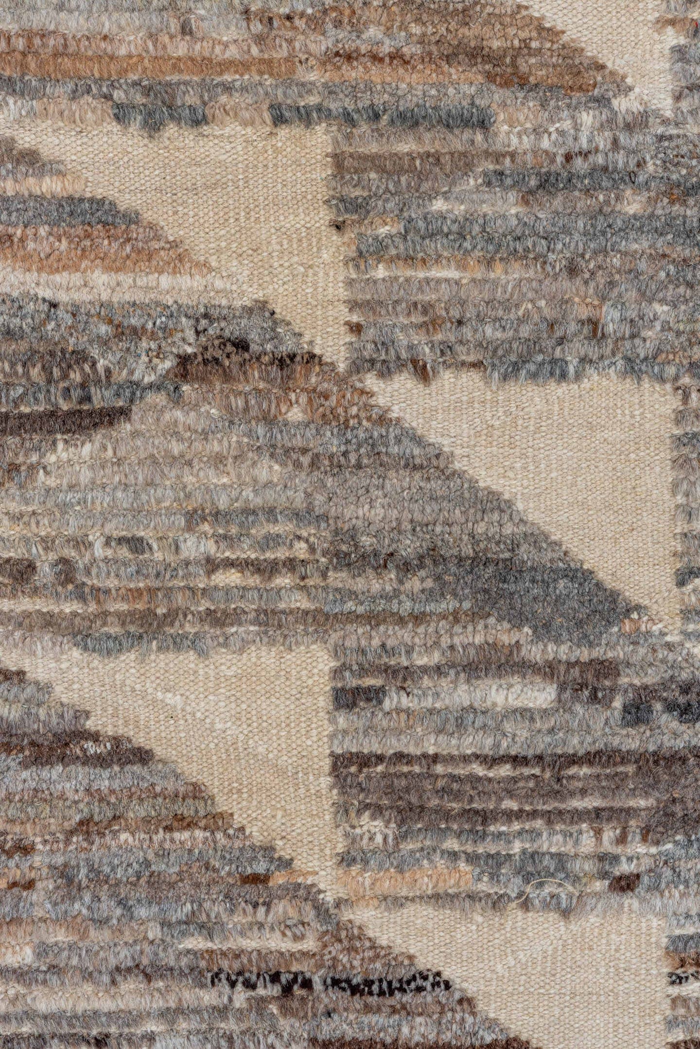 9' x 14' one-of-a-kind handmade vintage Tulu large size rug. Color palette: ivory, slate, taupe, brown, gray, beige