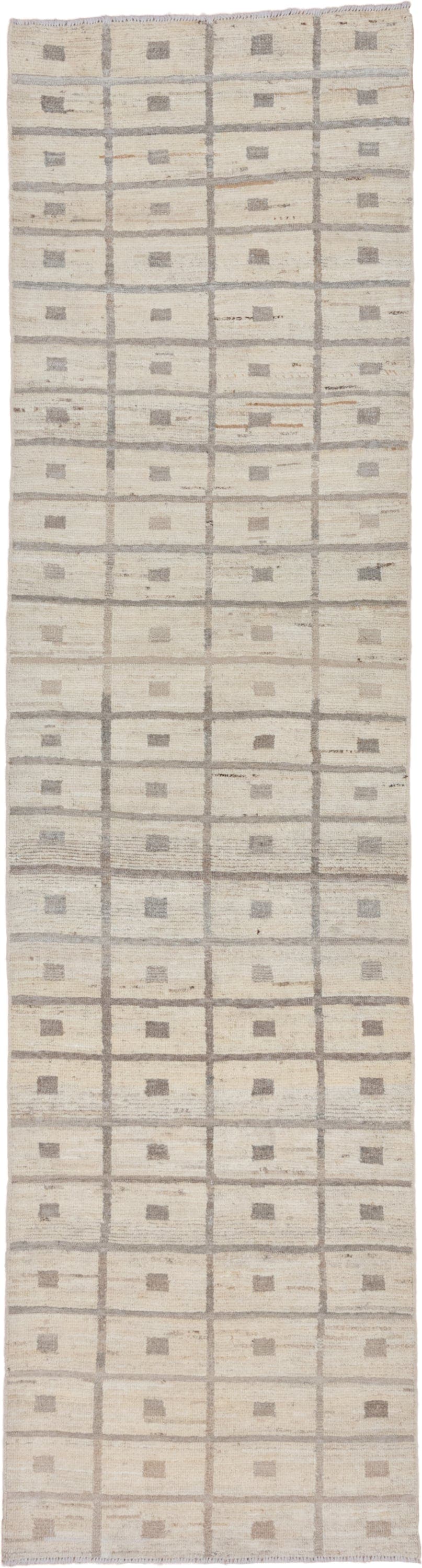 3' x 11' one-of-a-kind handmade vintage Tulu runner rug. Color palette: ivory, taupe, beige, gray