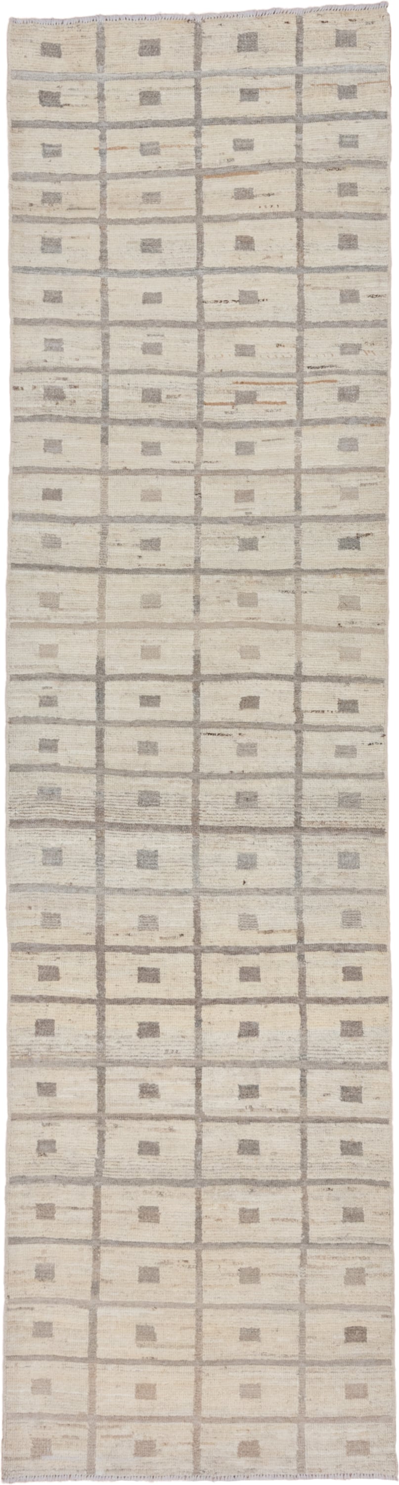 3' x 11' one-of-a-kind handmade vintage Tulu runner rug. Color palette: ivory, taupe, beige, gray