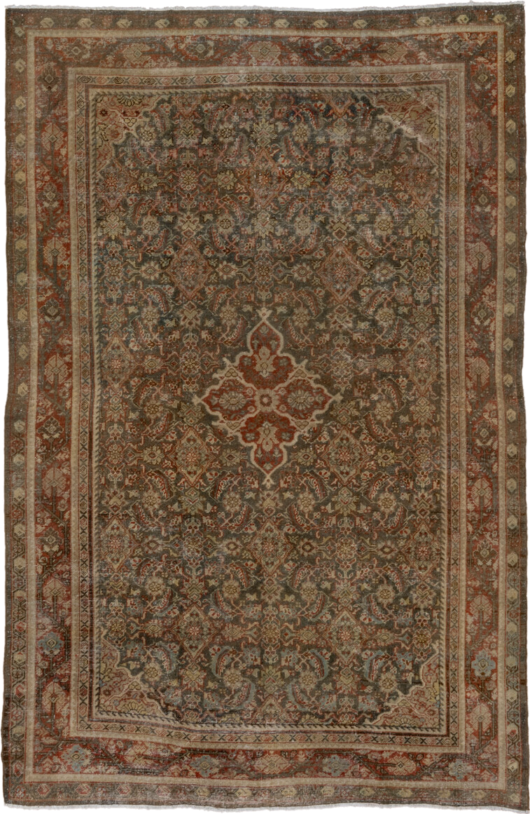 6' x 10' one-of-a-kind handmade antique Mahal large size rug. Color palette: taupe, rust, ivory, slate, brown, sage