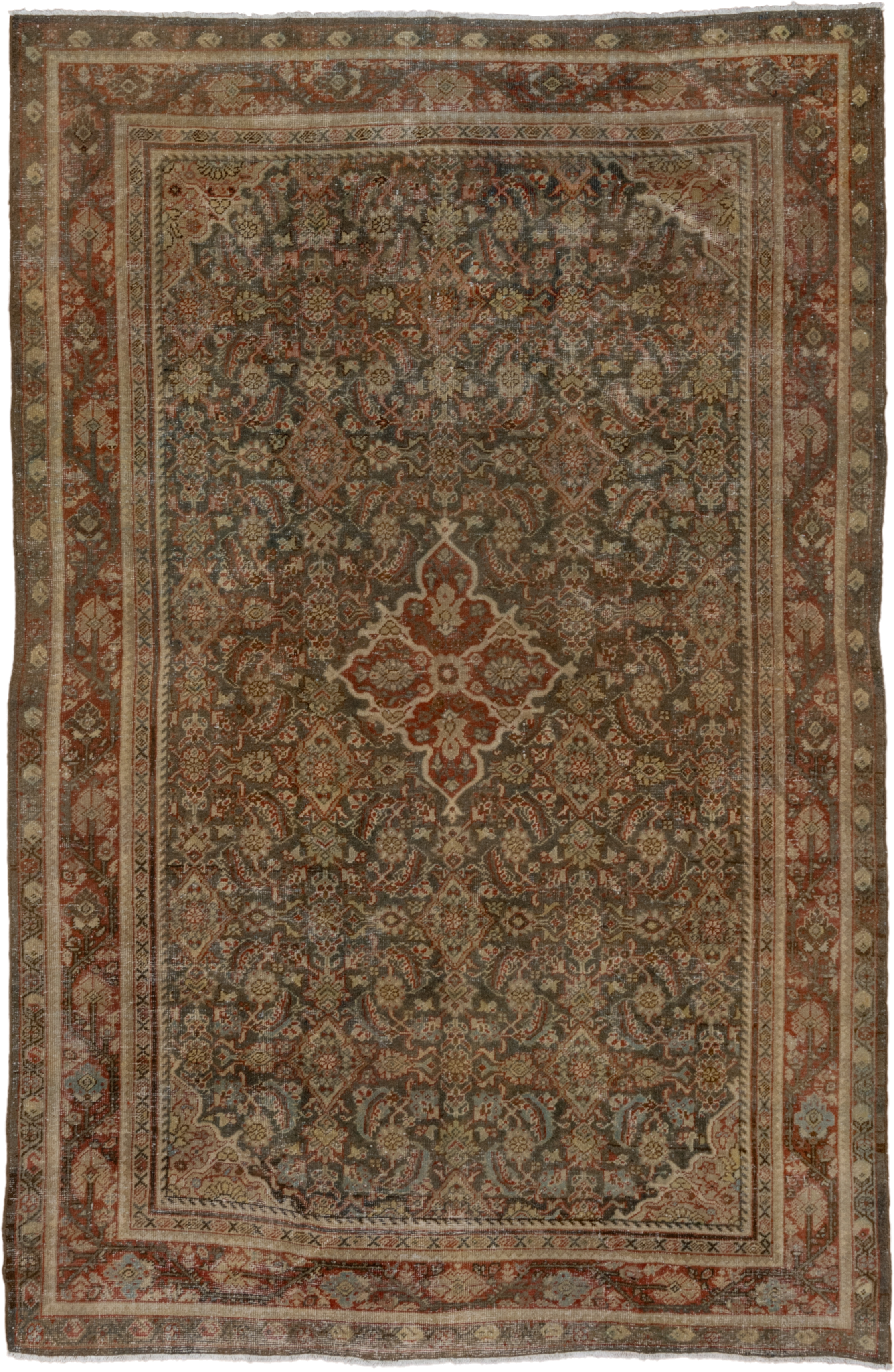 6' x 10' one-of-a-kind handmade antique Mahal large size rug. Color palette: taupe, rust, ivory, slate, brown, sage