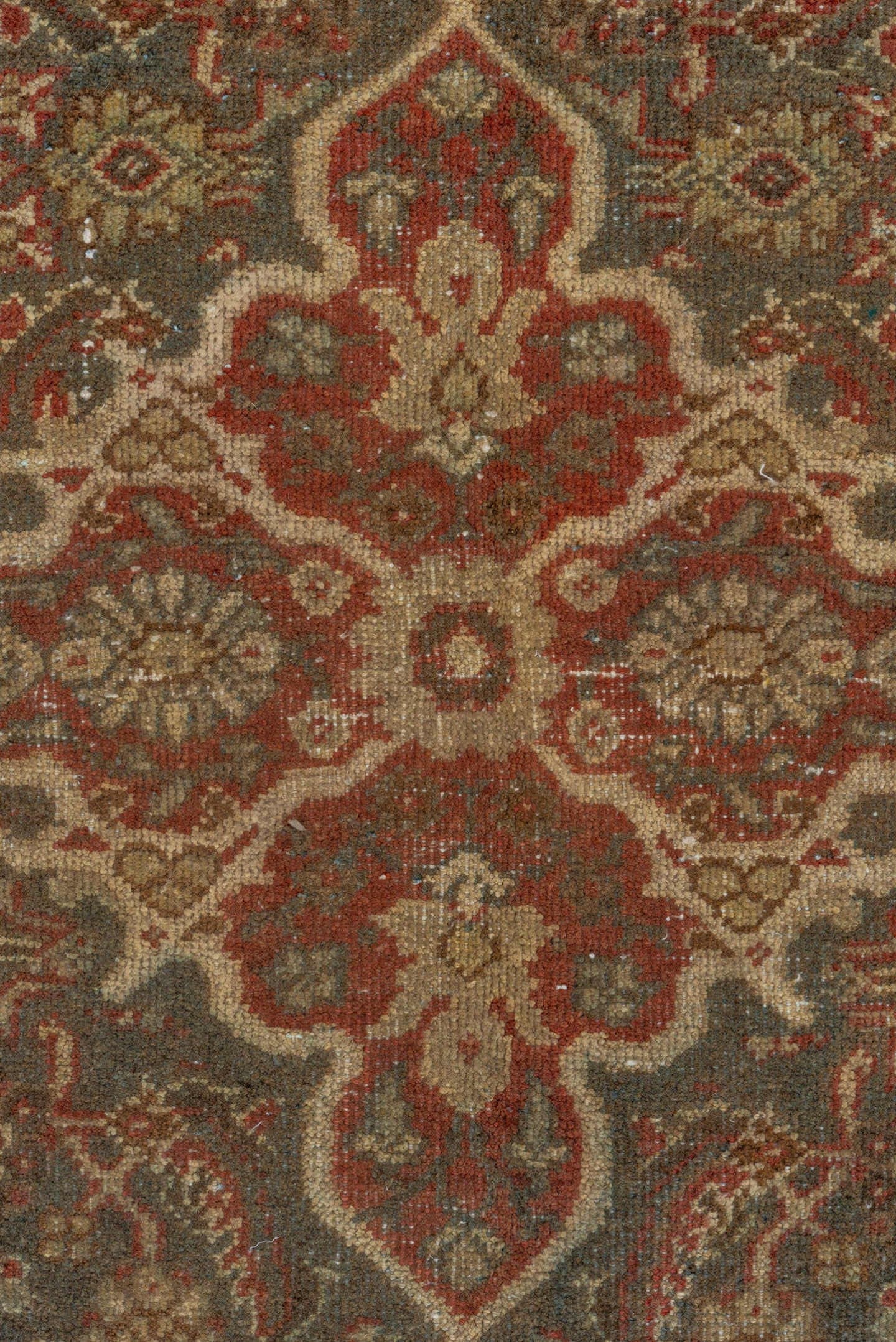 6' x 10' one-of-a-kind handmade antique Mahal large size rug. Color palette: taupe, rust, ivory, slate, brown, sage