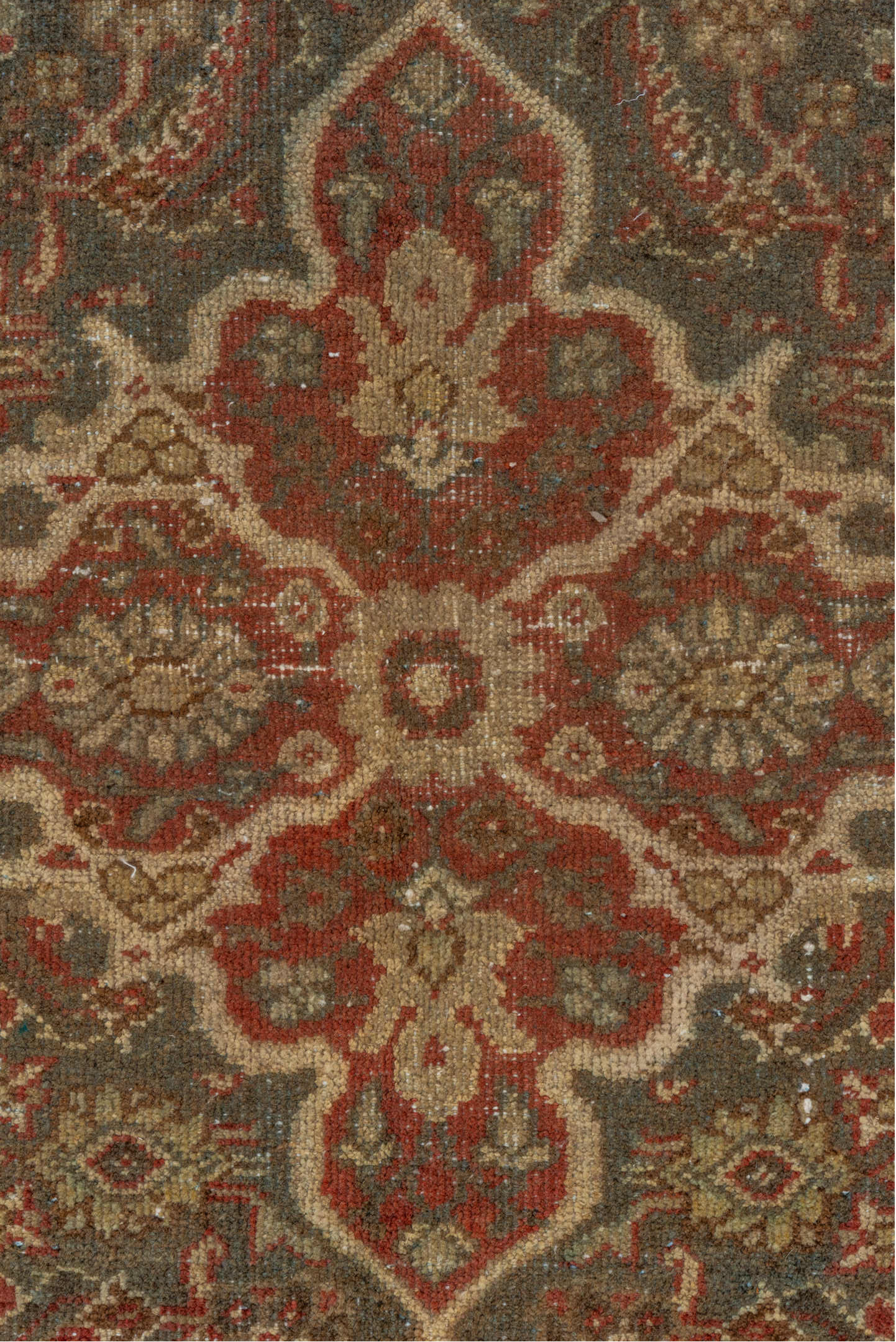 6' x 10' one-of-a-kind handmade antique Mahal large size rug. Color palette: taupe, rust, ivory, slate, brown, sage