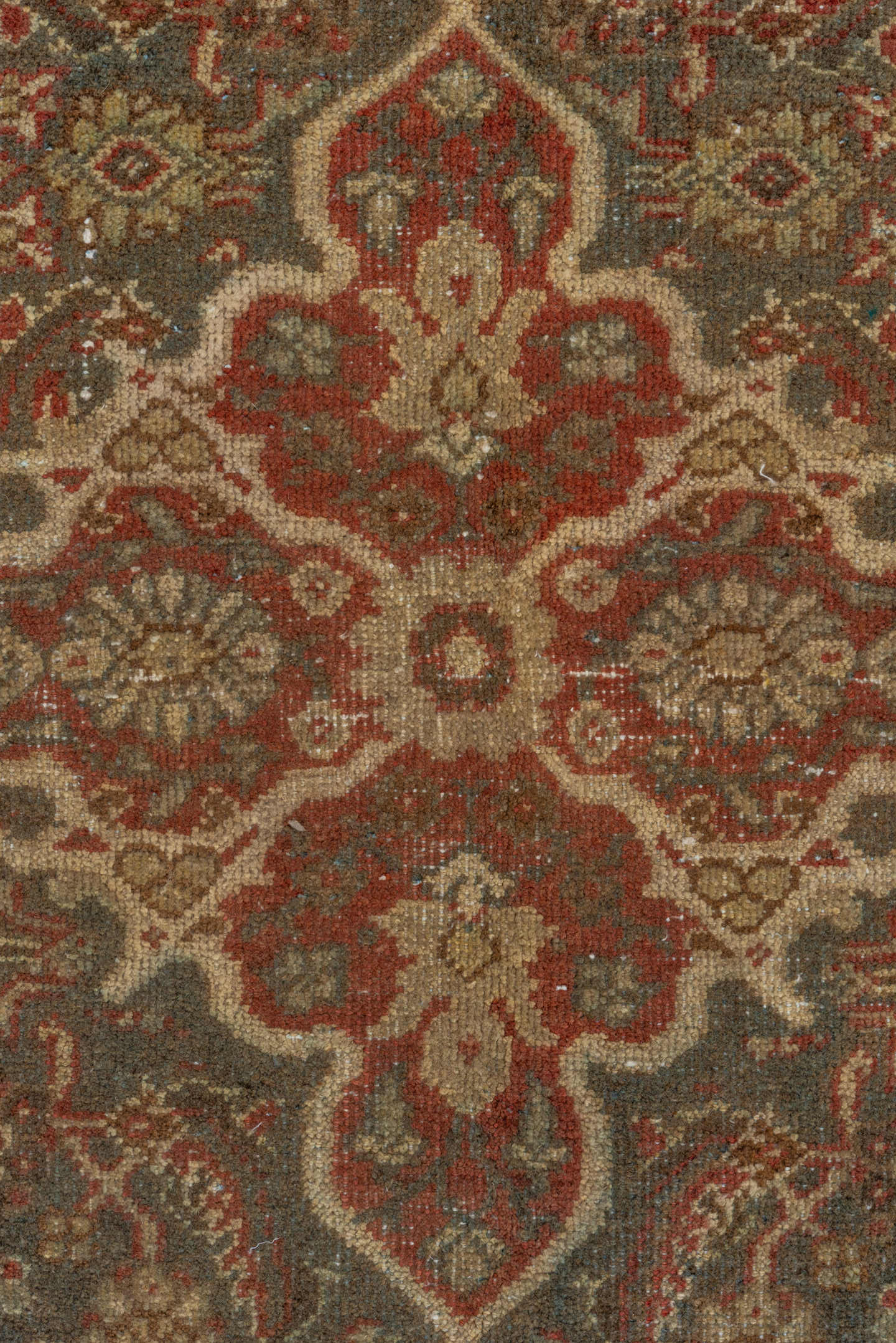 6' x 10' one-of-a-kind handmade antique Mahal large size rug. Color palette: taupe, rust, ivory, slate, brown, sage