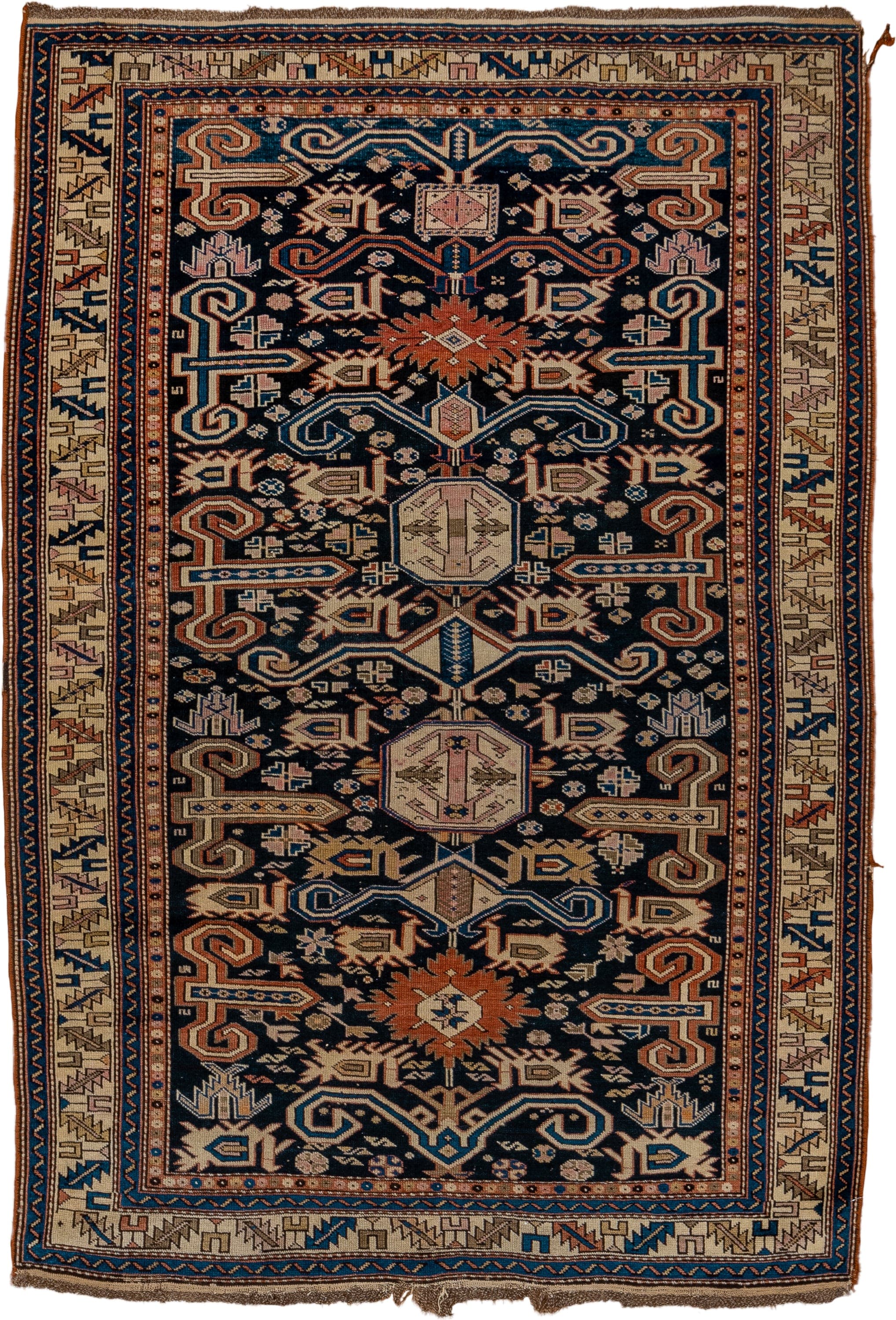 3' x 5' one-of-a-kind handmade antique Perpedil small size rug. Color palette: navy, ivory, camel, sky_blue, rust, rose
