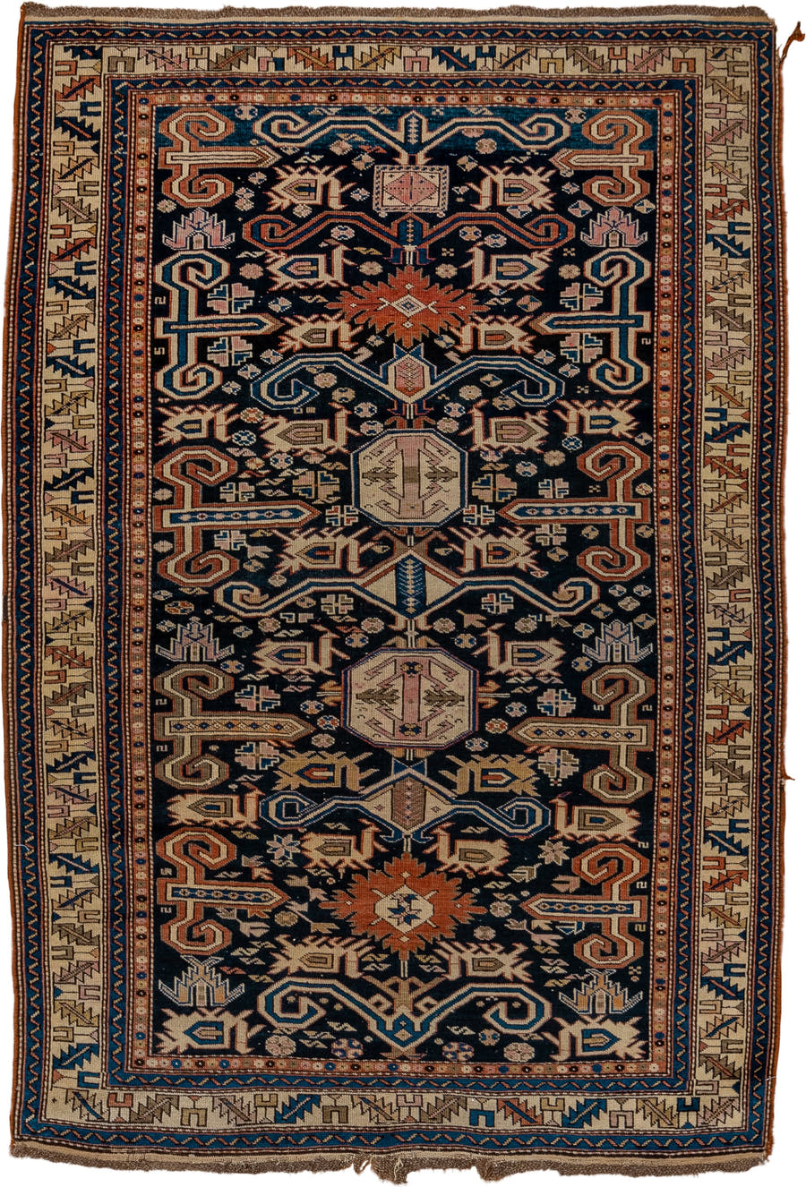 3' x 5' one-of-a-kind handmade antique Perpedil small size rug. Color palette: navy, ivory, camel, sky_blue, rust, rose
