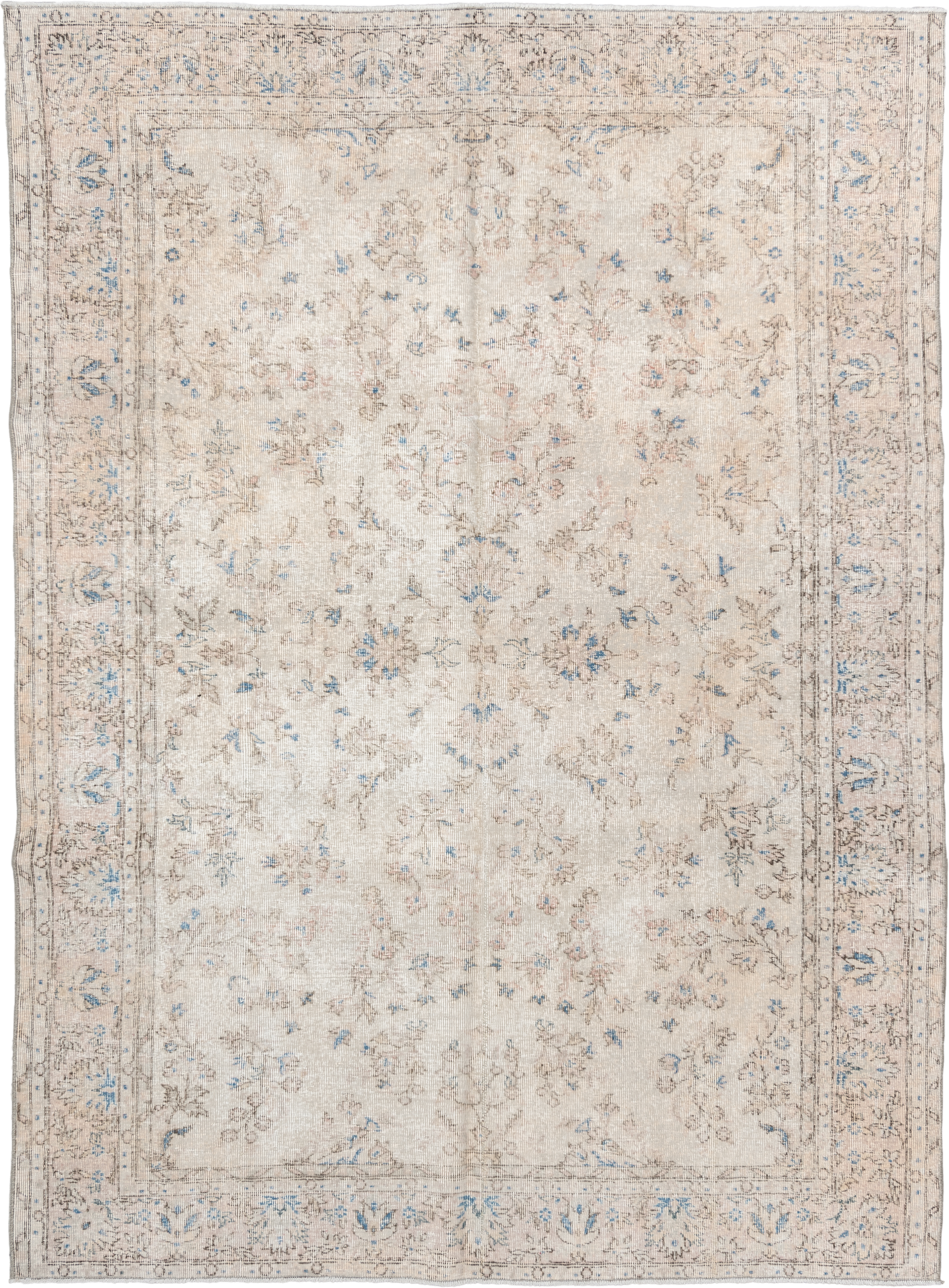6' x 9' one-of-a-kind handmade antique Sparta medium size rug. Color palette: ivory, beige, sky blue, taupe, cream