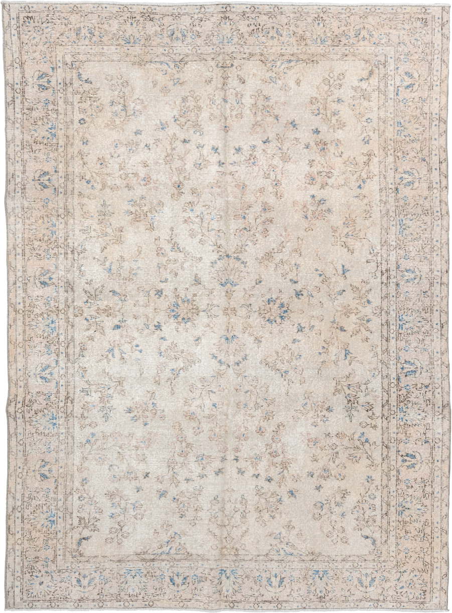 6' x 9' one-of-a-kind handmade antique Sparta medium size rug. Color palette: ivory, beige, sky blue, taupe, cream