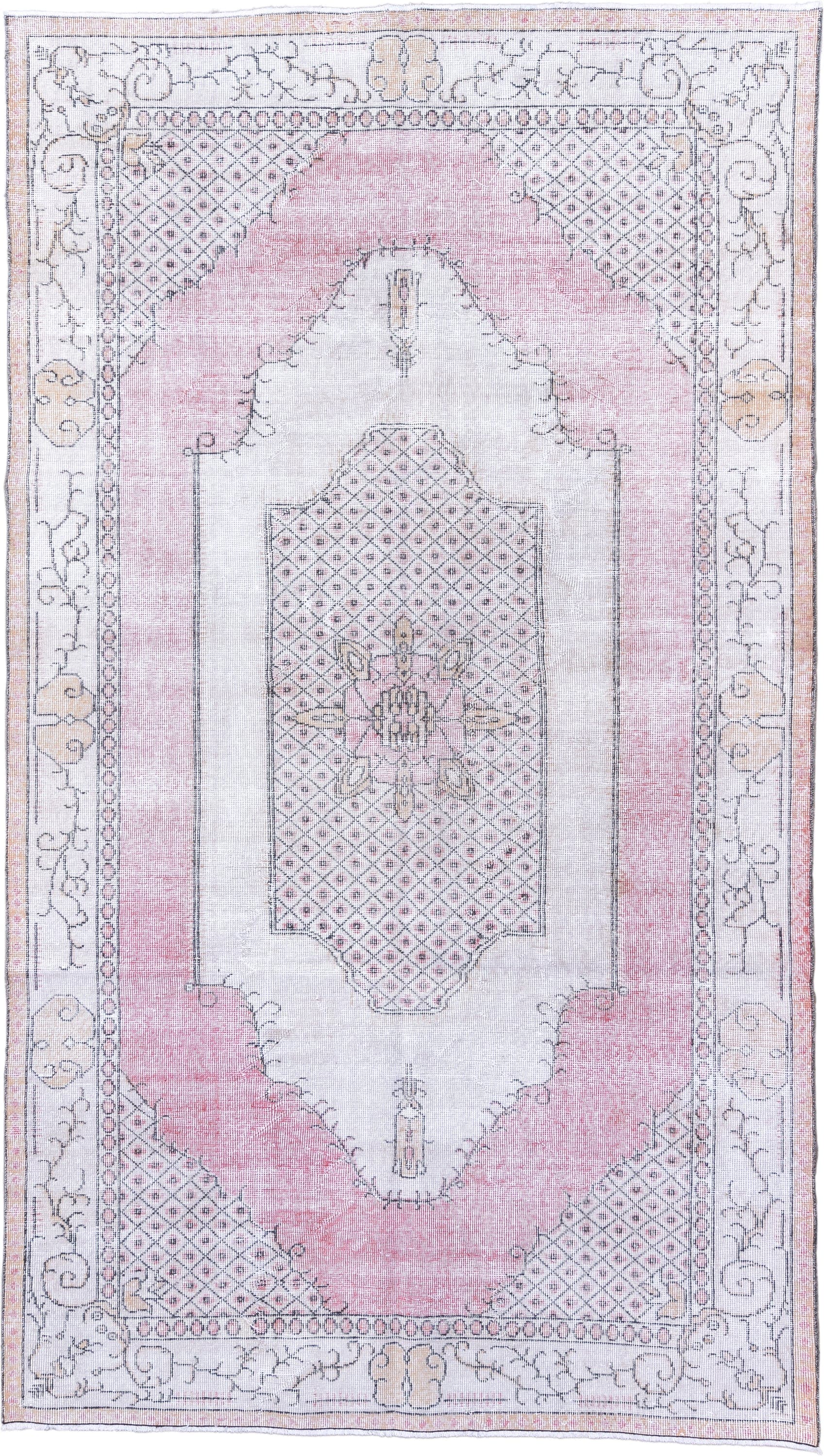 5' x 9' one-of-a-kind handmade antique Sparta medium size rug. Color palette: ivory, blush, pink, taupe, charcoal, rose