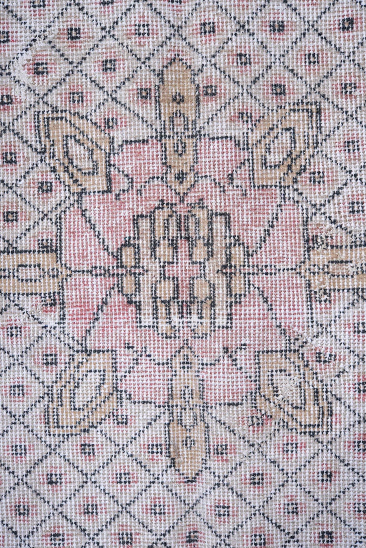 5' x 9' one-of-a-kind handmade antique Sparta medium size rug. Color palette: ivory, blush, pink, taupe, charcoal, rose