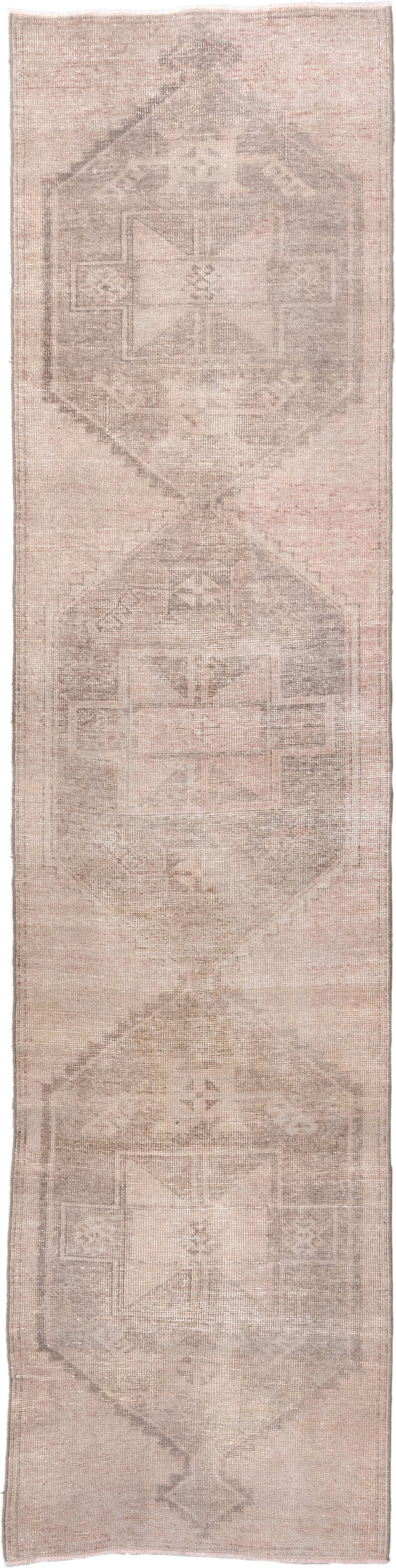 3' x 12' one-of-a-kind handmade antique Anatolian runner rug. Color palette: blush, taupe, warm gray, ivory, sand, pink