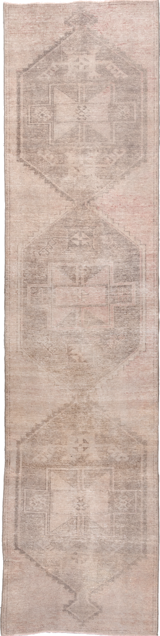 3' x 12' one-of-a-kind handmade vintage Anatolian runner rug. Color palette: brown, gray, light gray, off-white, pink, snow