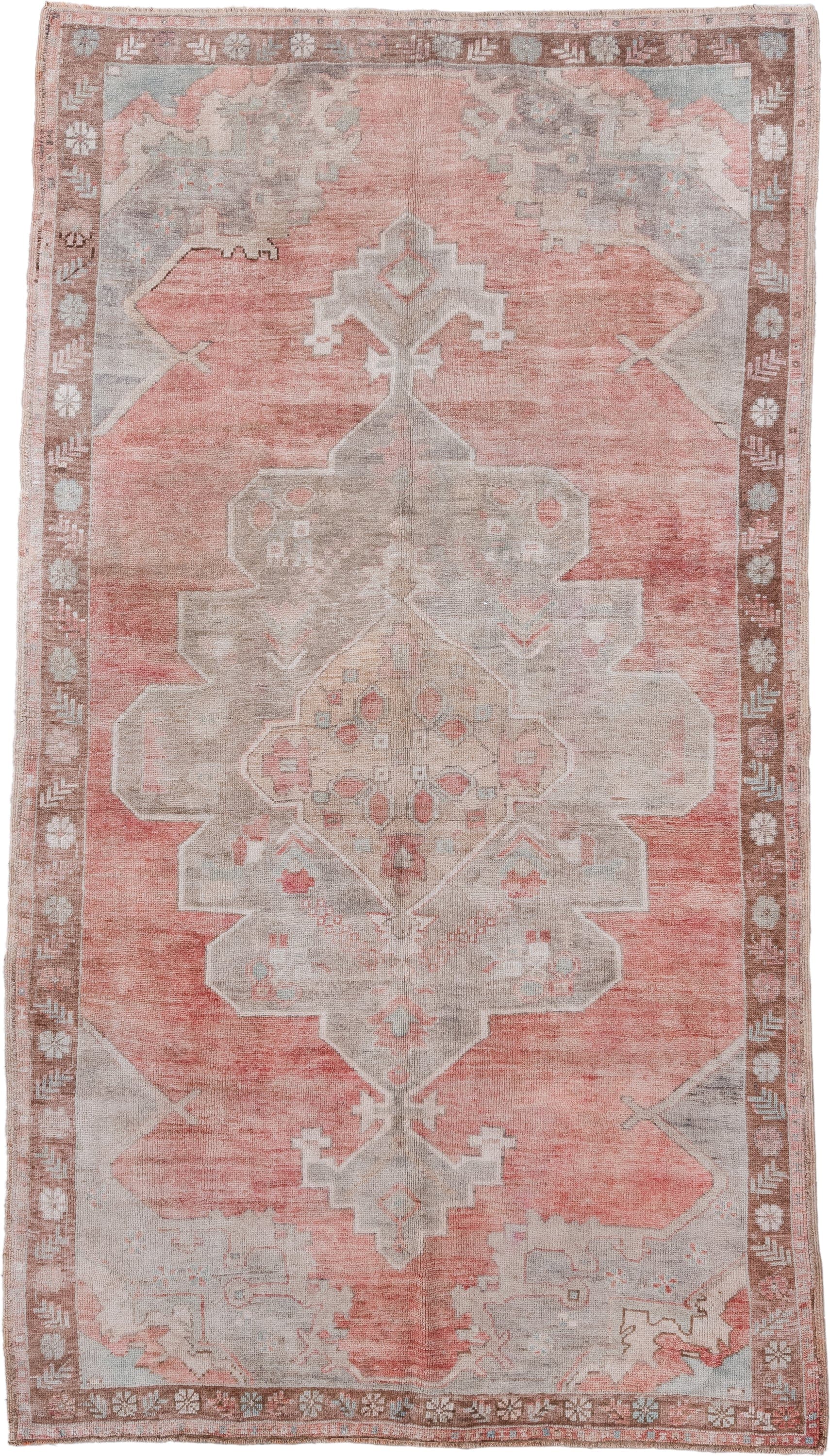 5' x 9' one-of-a-kind handmade antique Oushak medium size rug. Color palette: coral, taupe, ivory, rose, beige, soft gray