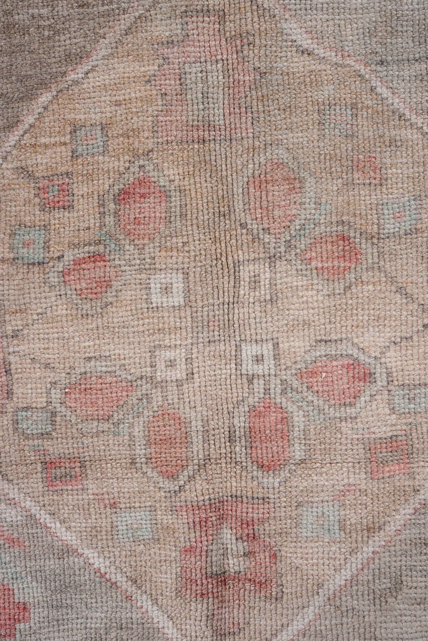 5' x 9' one-of-a-kind handmade antique Oushak medium size rug. Color palette: coral, taupe, ivory, rose, beige, soft gray