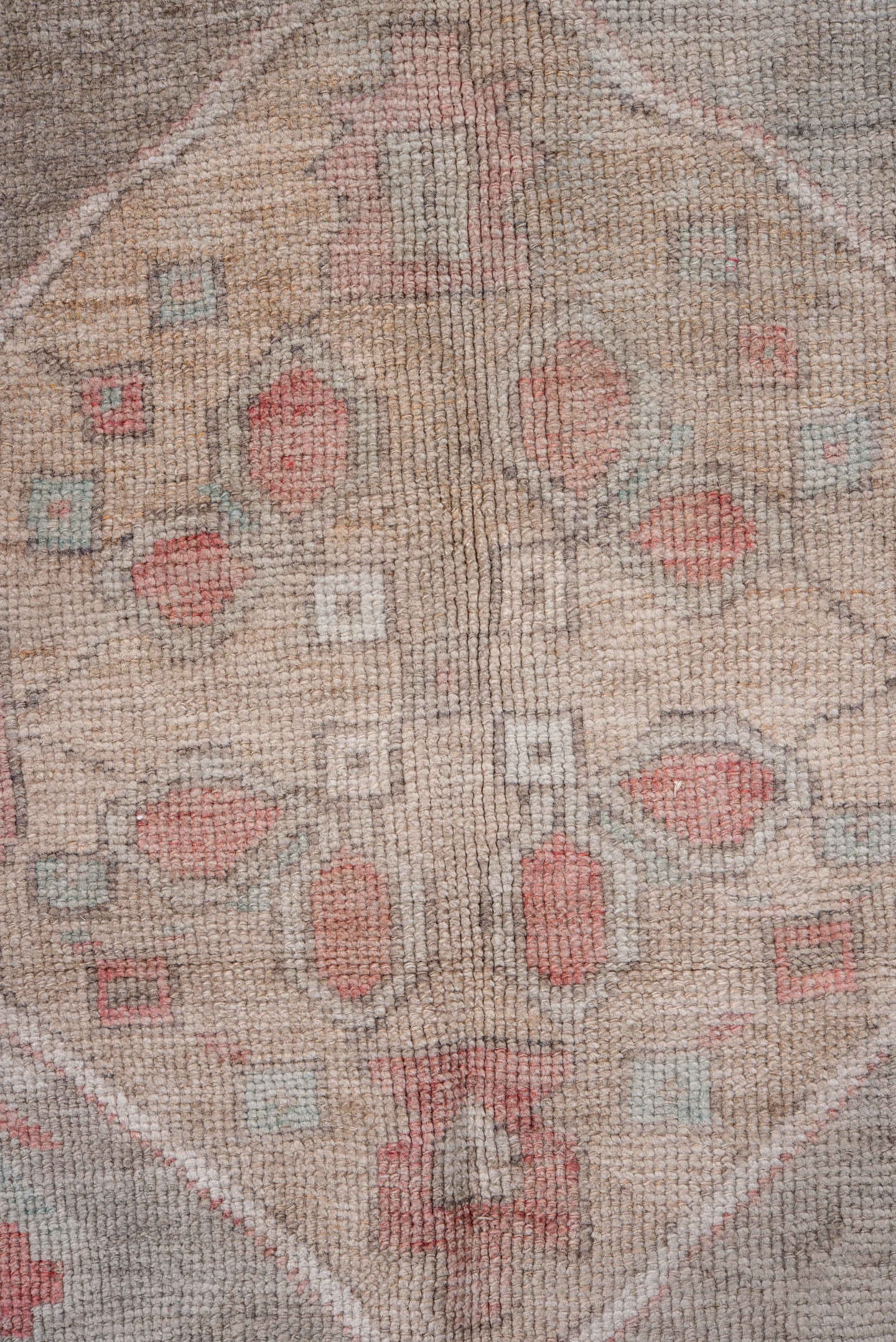 5' x 9' one-of-a-kind handmade antique Oushak medium size rug. Color palette: coral, taupe, ivory, rose, beige, soft gray