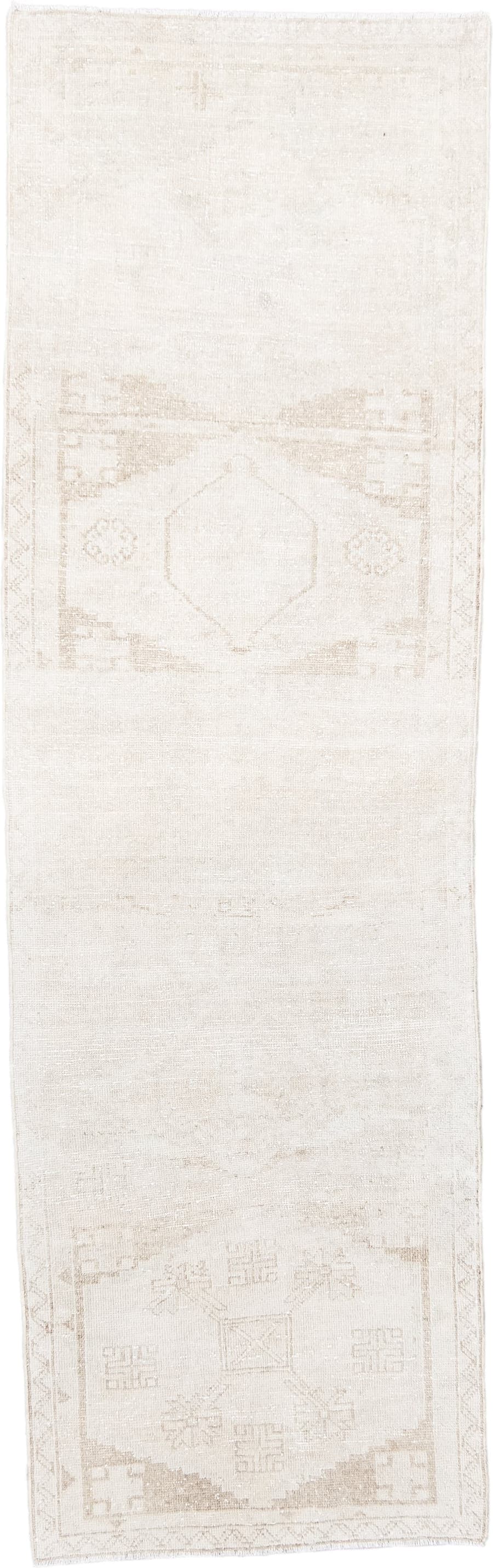 2' x 8' one-of-a-kind handmade antique Anatolian runner rug. Color palette: ivory, cream, beige, taupe, gray