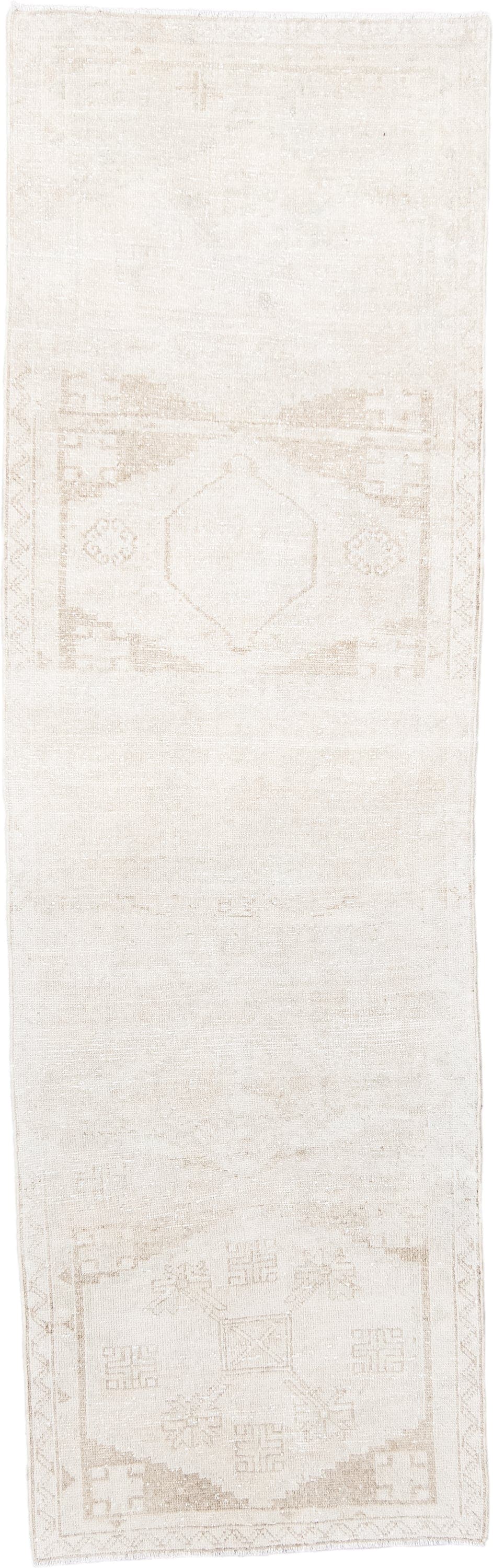 2' x 8' one-of-a-kind handmade antique Anatolian runner rug. Color palette: ivory, cream, beige, taupe, gray