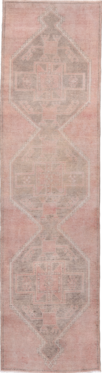 3' x 12' one-of-a-kind handmade vintage Anatolian runner rug. Color palette: brown, dark gray, gray, light gray, off-white