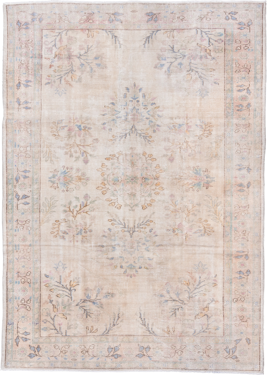7' x 9' one-of-a-kind handmade antique Sparta rug. Color palette: ivory, blush, pale blue, sand, taupe, sage, peach, pink