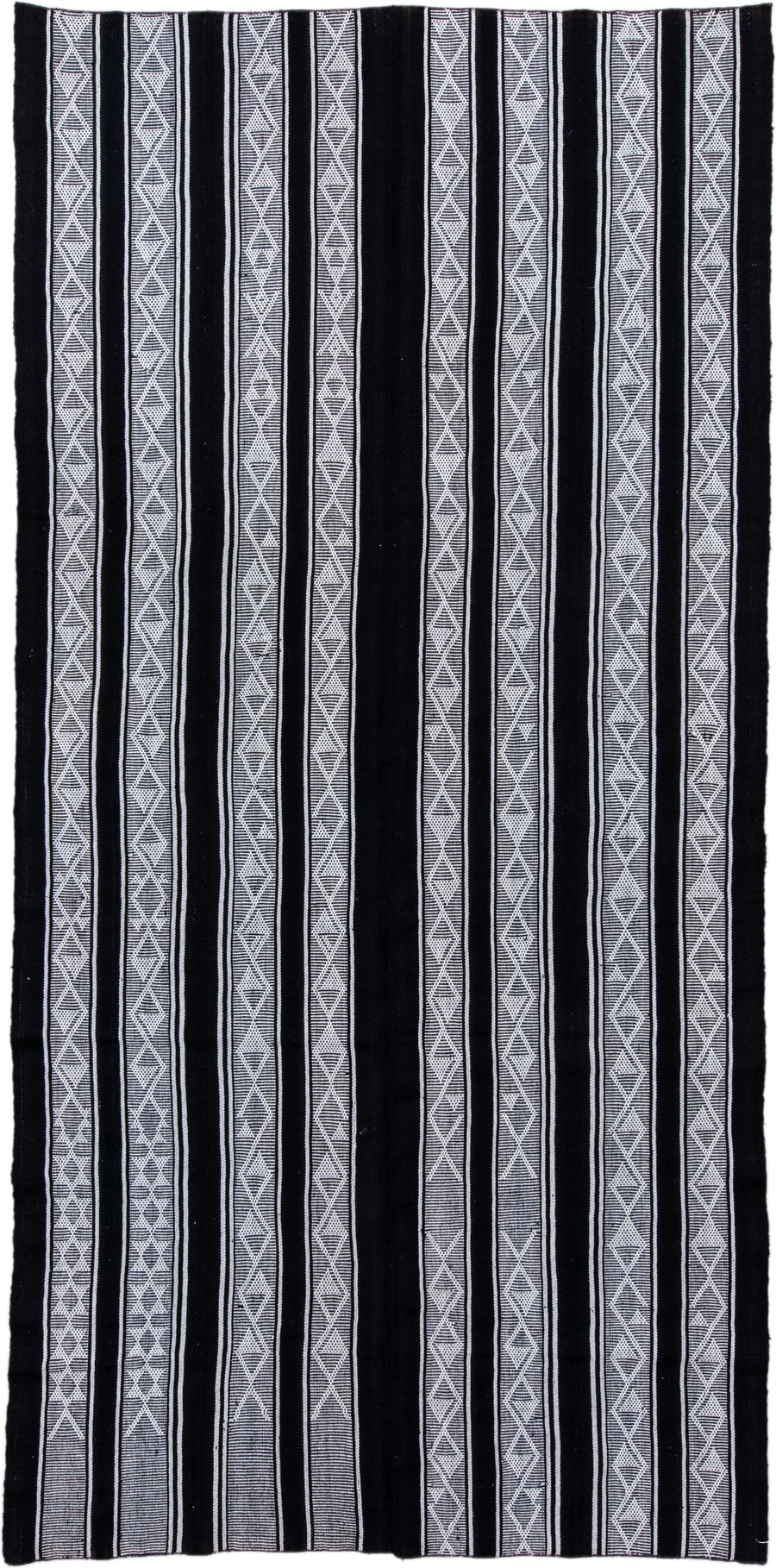 5' x 11' one-of-a-kind handmade antique Flatweave rug. Color palette: black, ivory, charcoal, gray