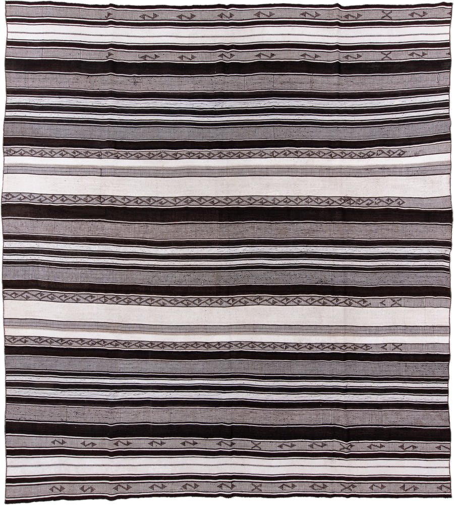 12' x 13' one-of-a-kind handmade antique Flatweave oversize rug. Color palette: ivory, charcoal, brown, taupe, gray, black
