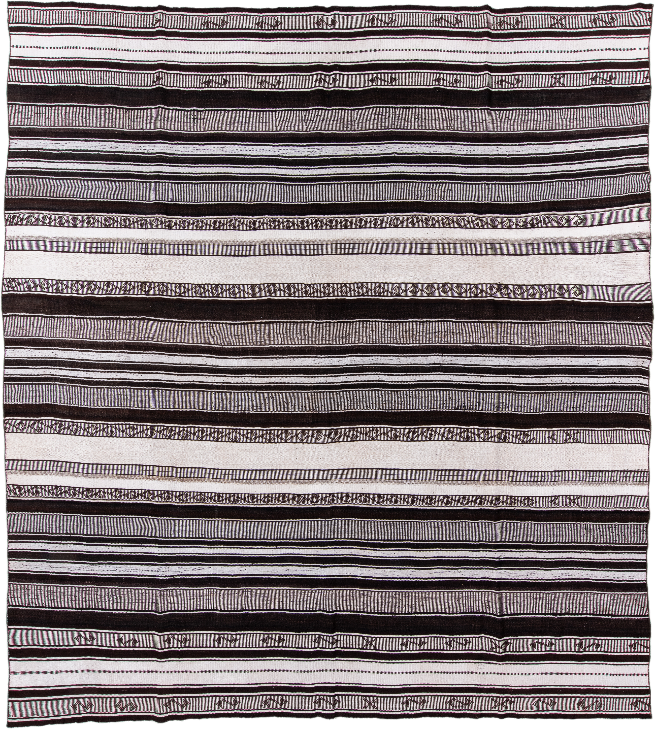 12' x 13' one-of-a-kind handmade antique Flatweave oversize rug. Color palette: ivory, charcoal, brown, taupe, gray, black