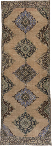4' x 12' one-of-a-kind handmade vintage Oushak runner rug. Color palette: camel, taupe, slate, powder_blue, sage, charcoal