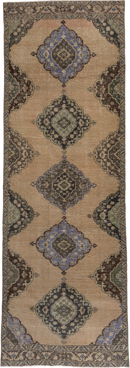 4' x 12' one-of-a-kind handmade vintage Oushak runner rug. Color palette: camel, taupe, slate, powder_blue, sage, charcoal