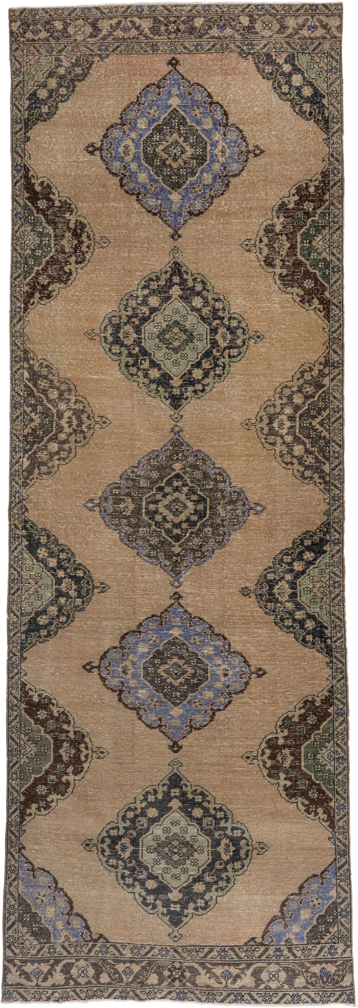 4' x 12' one-of-a-kind handmade vintage Oushak runner rug. Color palette: camel, taupe, slate, powder_blue, sage, charcoal