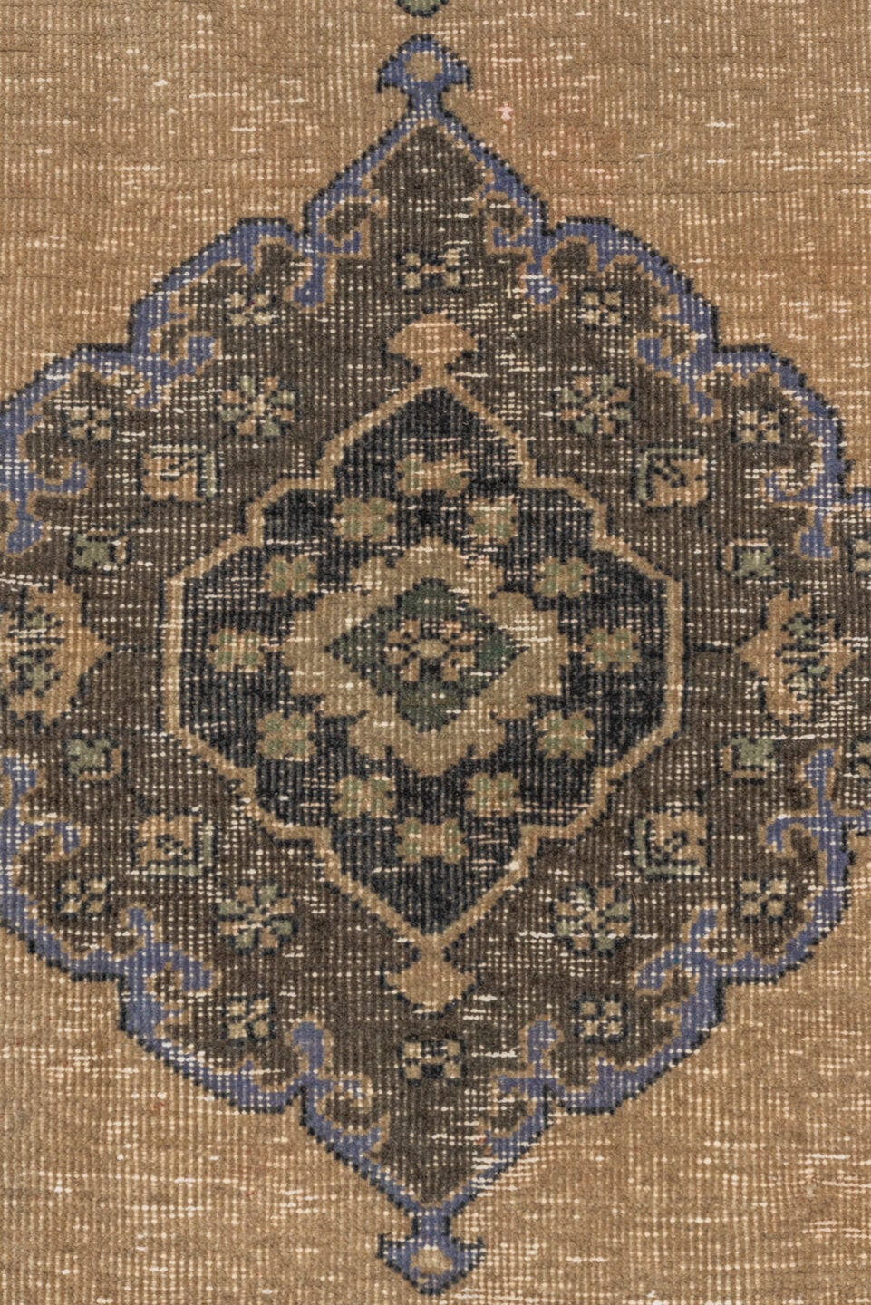 4' x 12' one-of-a-kind handmade vintage Oushak runner rug. Color palette: camel, taupe, slate, powder_blue, sage, charcoal
