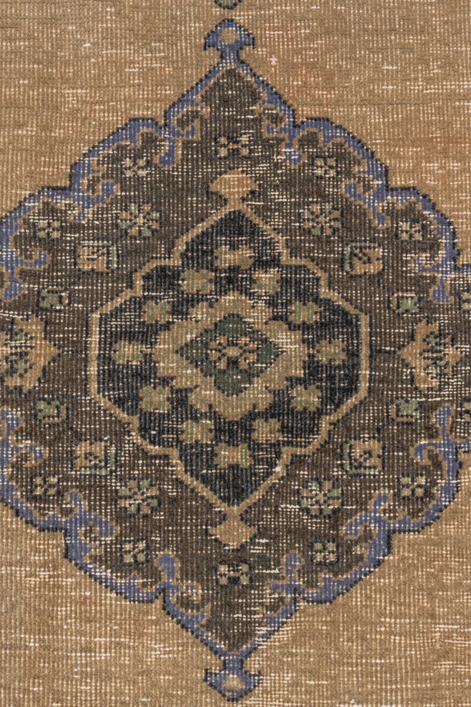 4' x 12' one-of-a-kind handmade vintage Oushak runner rug. Color palette: camel, taupe, slate, powder_blue, sage, charcoal