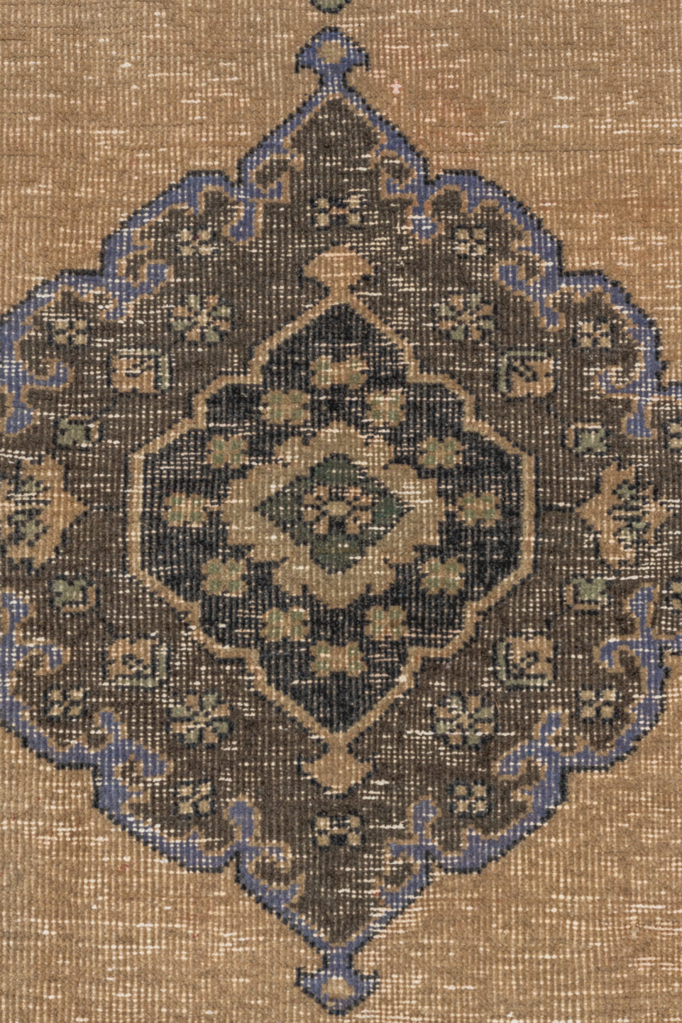 4' x 12' one-of-a-kind handmade vintage Oushak runner rug. Color palette: camel, taupe, slate, powder_blue, sage, charcoal