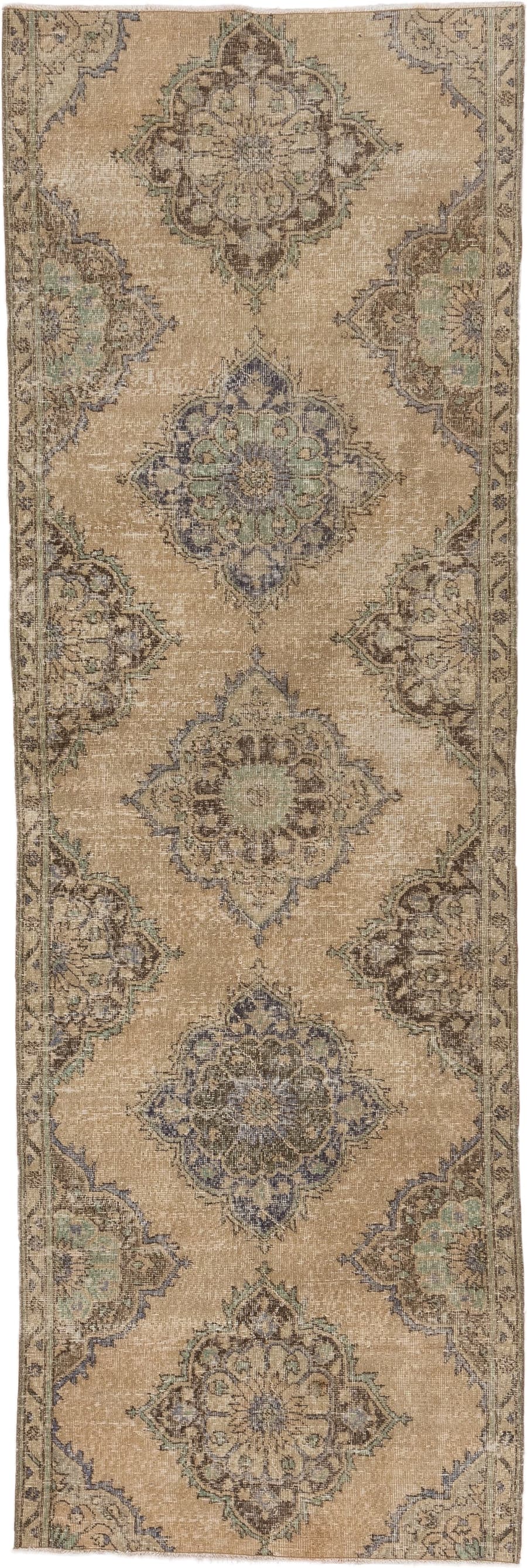3' x 10' one-of-a-kind handmade vintage Oushak runner rug. Color palette: tan, taupe, slate, sage, brown, ivory, beige, gray