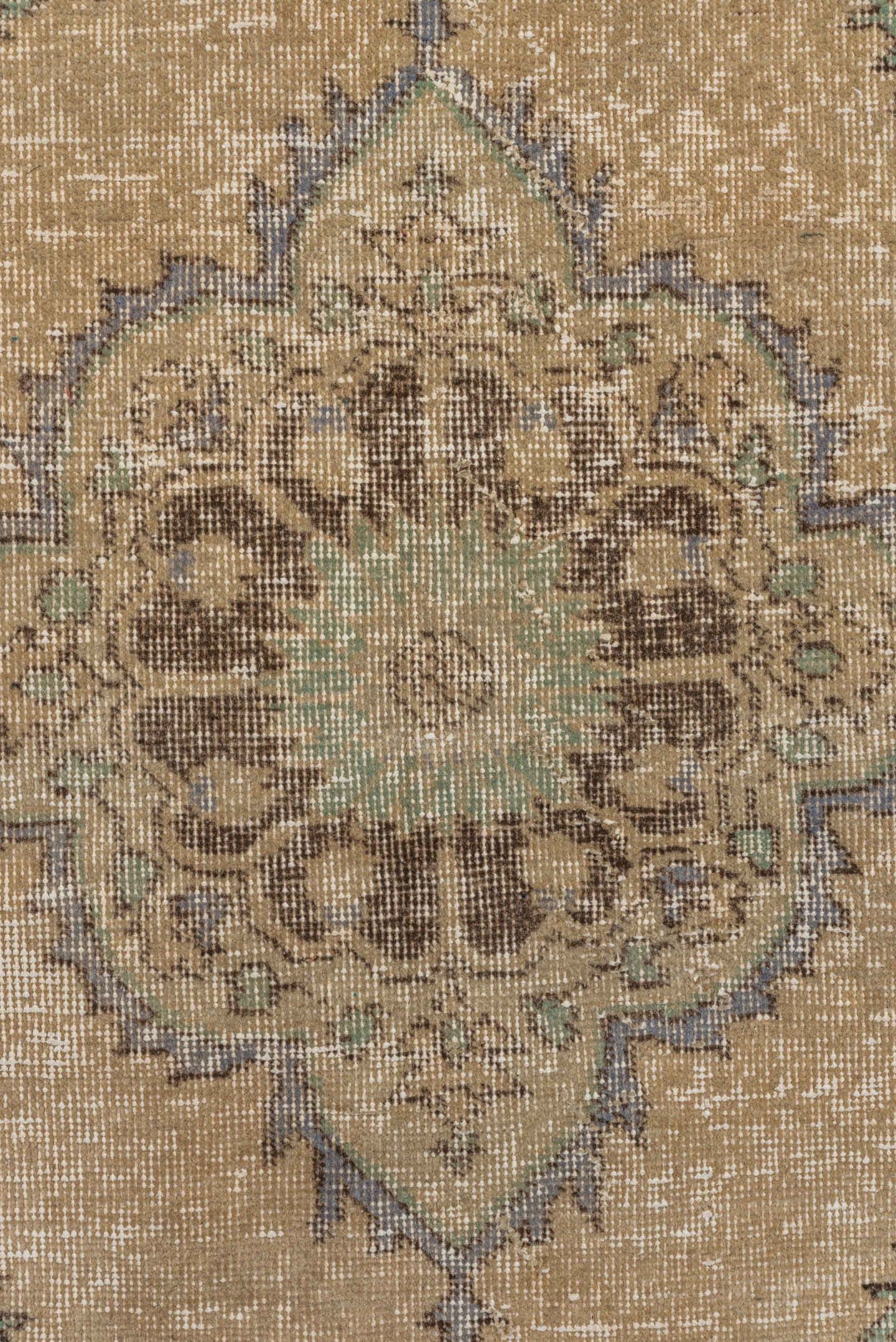 3' x 10' one-of-a-kind handmade vintage Oushak runner rug. Color palette: tan, taupe, slate, sage, brown, ivory, beige, gray