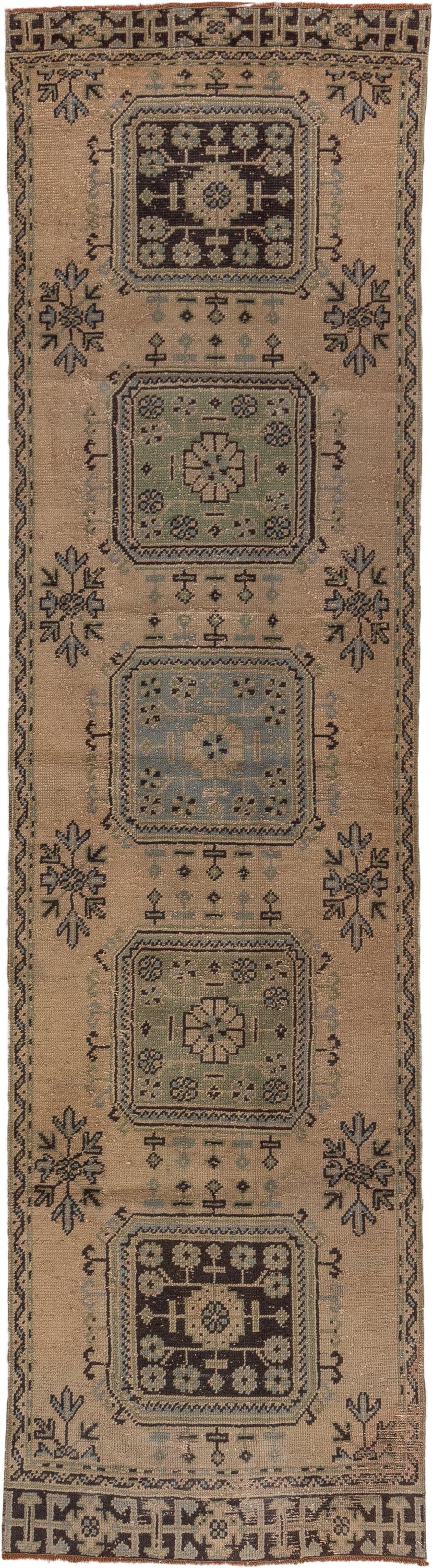 3' x 11' one-of-a-kind handmade vintage Oushak runner rug. Color palette: tan, brown, blue_gray, taupe, ivory, charcoal
