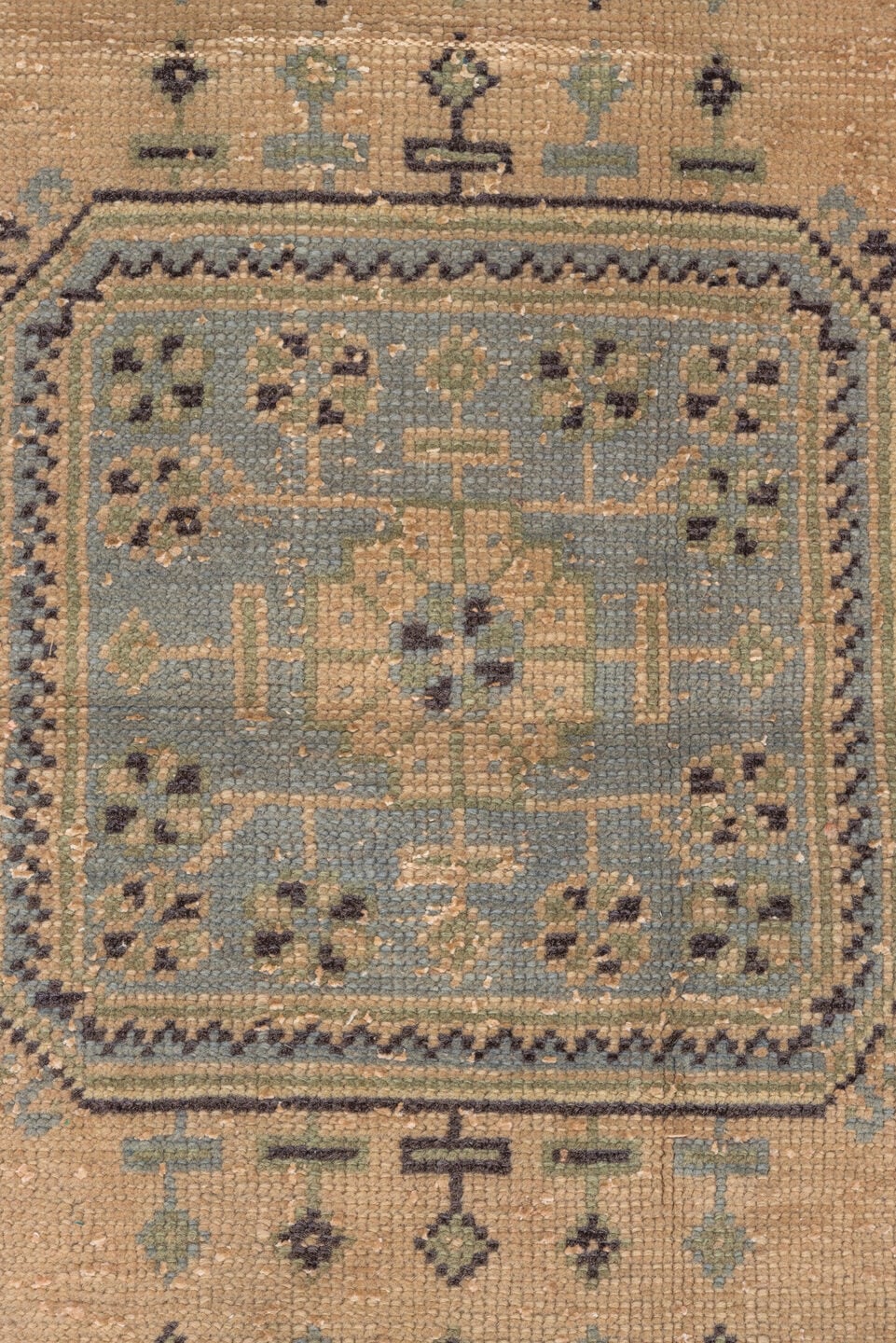 3' x 11' one-of-a-kind handmade vintage Oushak runner rug. Color palette: tan, brown, blue_gray, taupe, ivory, charcoal
