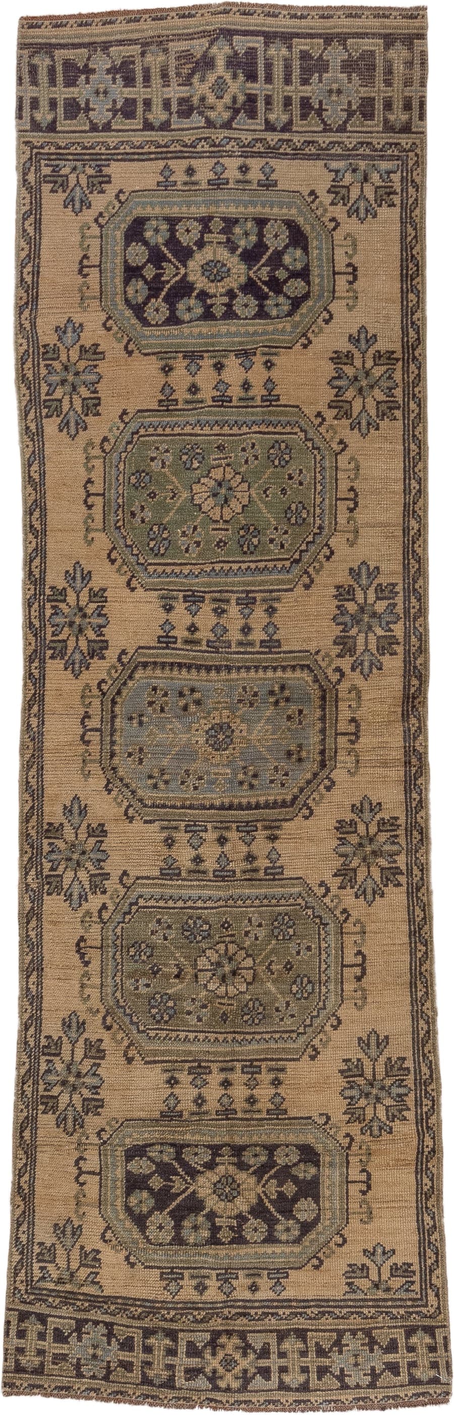 3' x 10' one-of-a-kind handmade vintage Oushak runner rug. Color palette: camel, taupe, brown, sage, slate, charcoal, olive