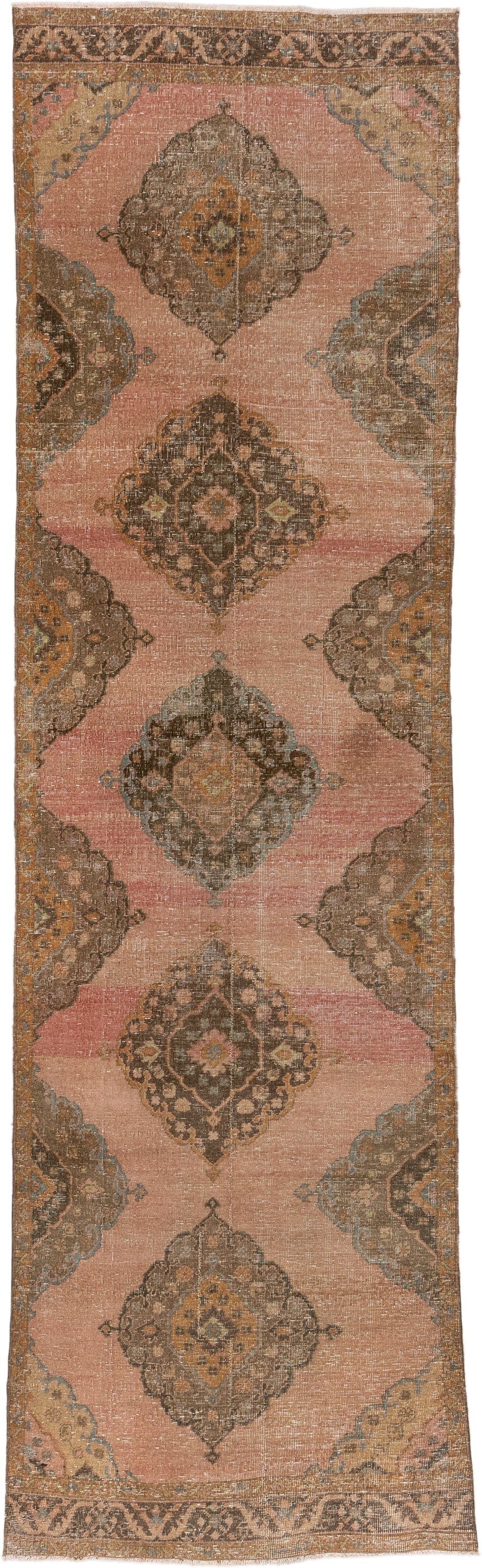 3' x 12' one-of-a-kind handmade vintage Oushak runner rug. Color palette: blush, taupe, brown, camel, slate, ivory, rust