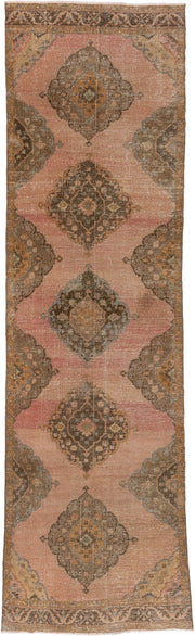 3' x 12' one-of-a-kind handmade vintage Oushak runner rug. Color palette: blush, taupe, brown, camel, slate, ivory, rust