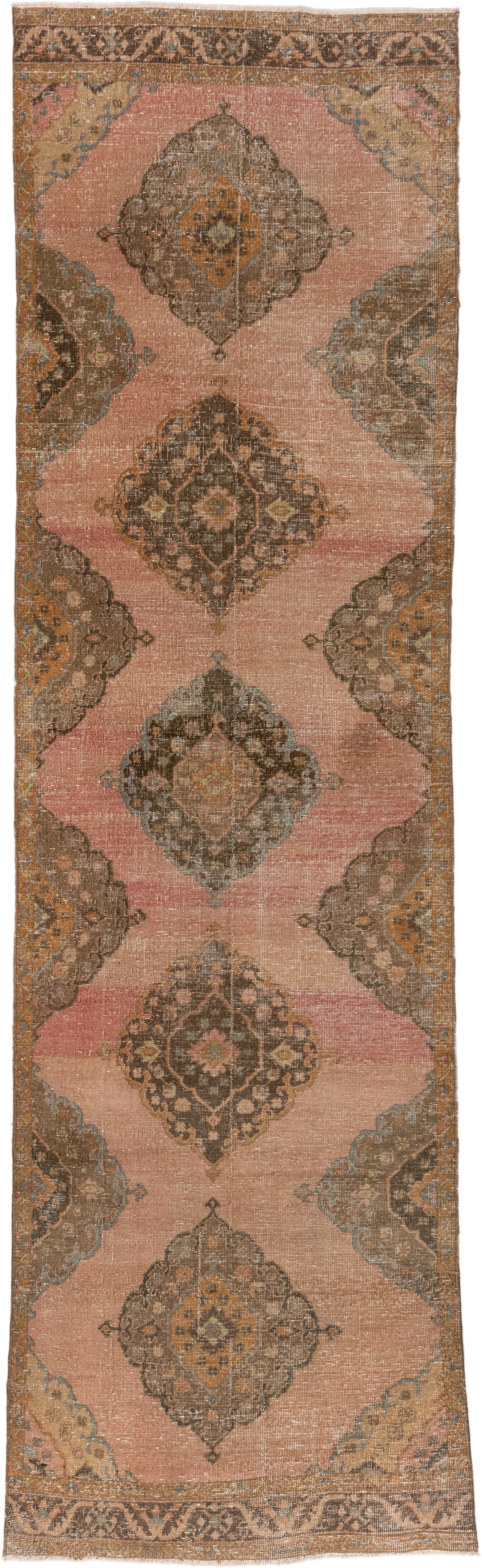 3' x 12' one-of-a-kind handmade vintage Oushak runner rug. Color palette: blush, taupe, brown, camel, slate, ivory, rust