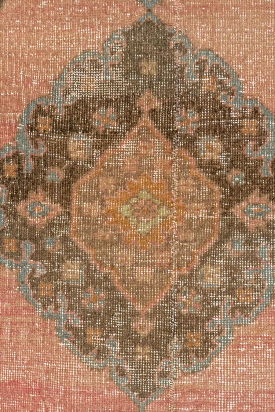 3' x 12' one-of-a-kind handmade vintage Oushak runner rug. Color palette: blush, taupe, brown, camel, slate, ivory, rust