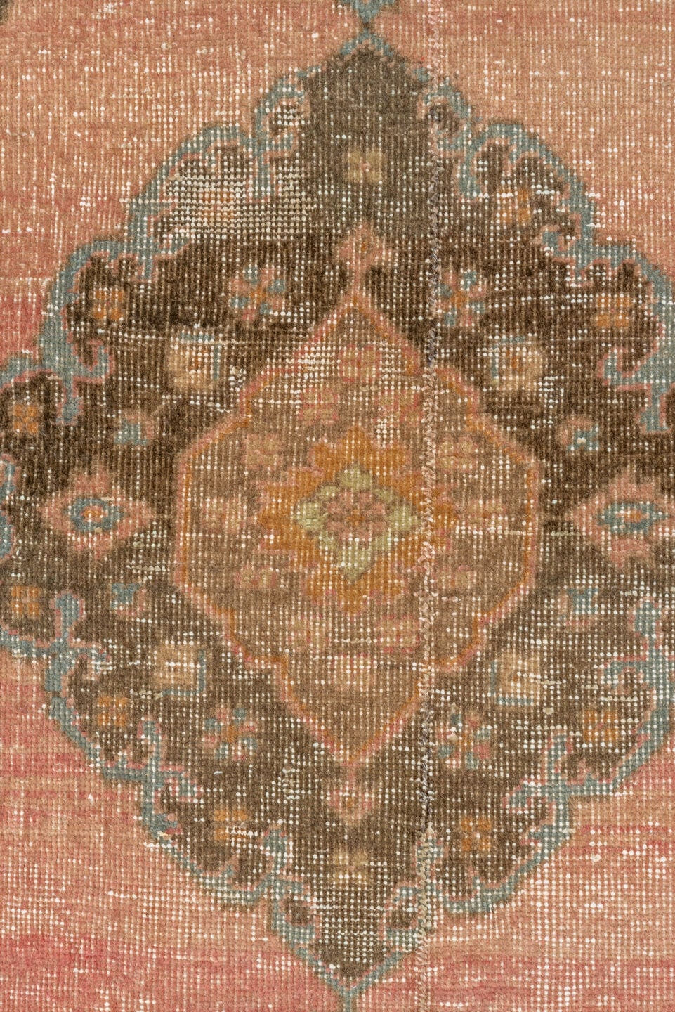 3' x 12' one-of-a-kind handmade vintage Oushak runner rug. Color palette: blush, taupe, brown, camel, slate, ivory, rust