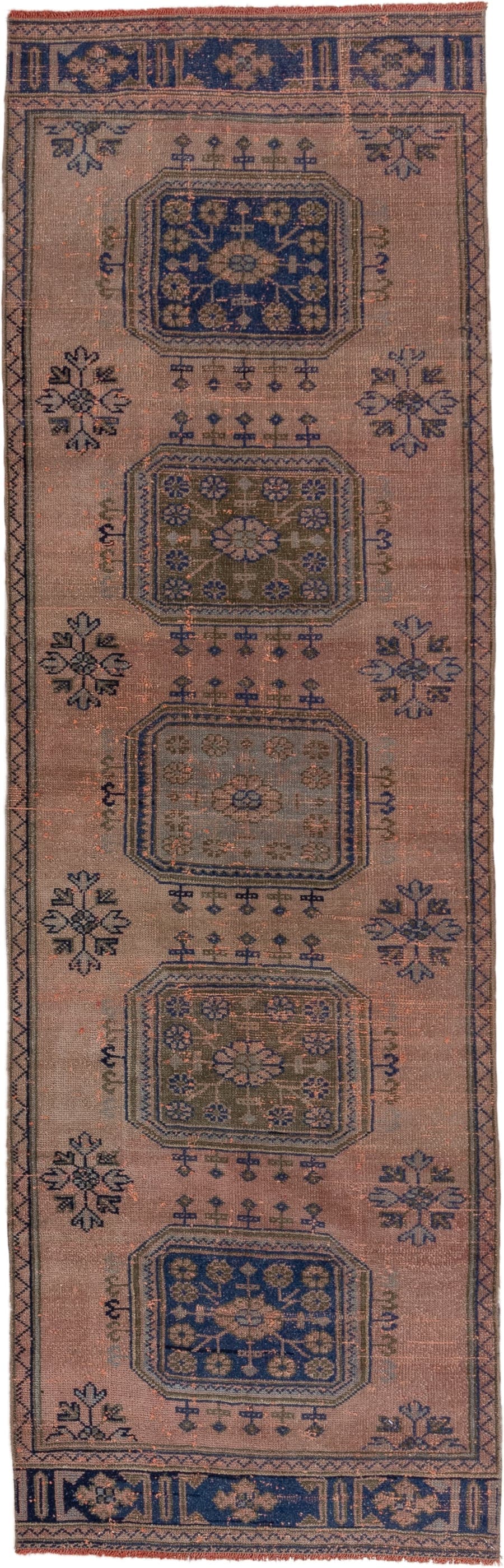3' x 10' one-of-a-kind handmade vintage Oushak runner rug. Color palette: taupe, navy, rose, terra cotta, slate, olive