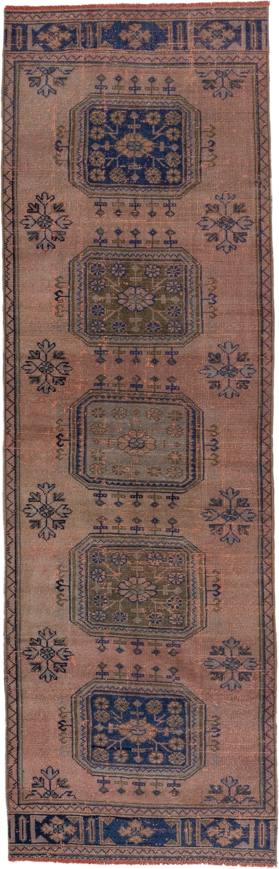 3' x 10' one-of-a-kind handmade vintage Oushak runner rug. Color palette: taupe, navy, rose, terra cotta, slate, olive